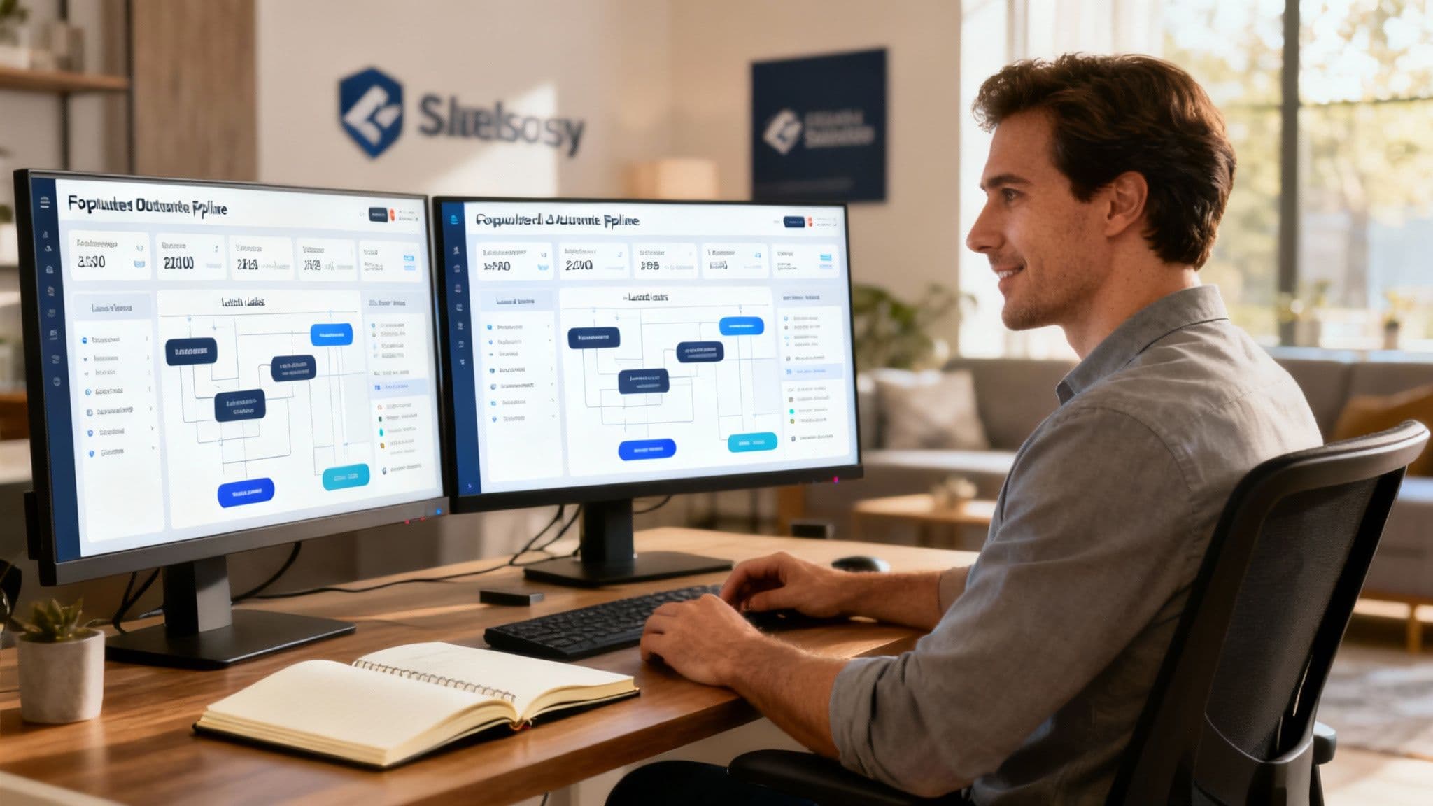Illustration of a sales rep at two monitors reviewing an outbound pipeline dashboard