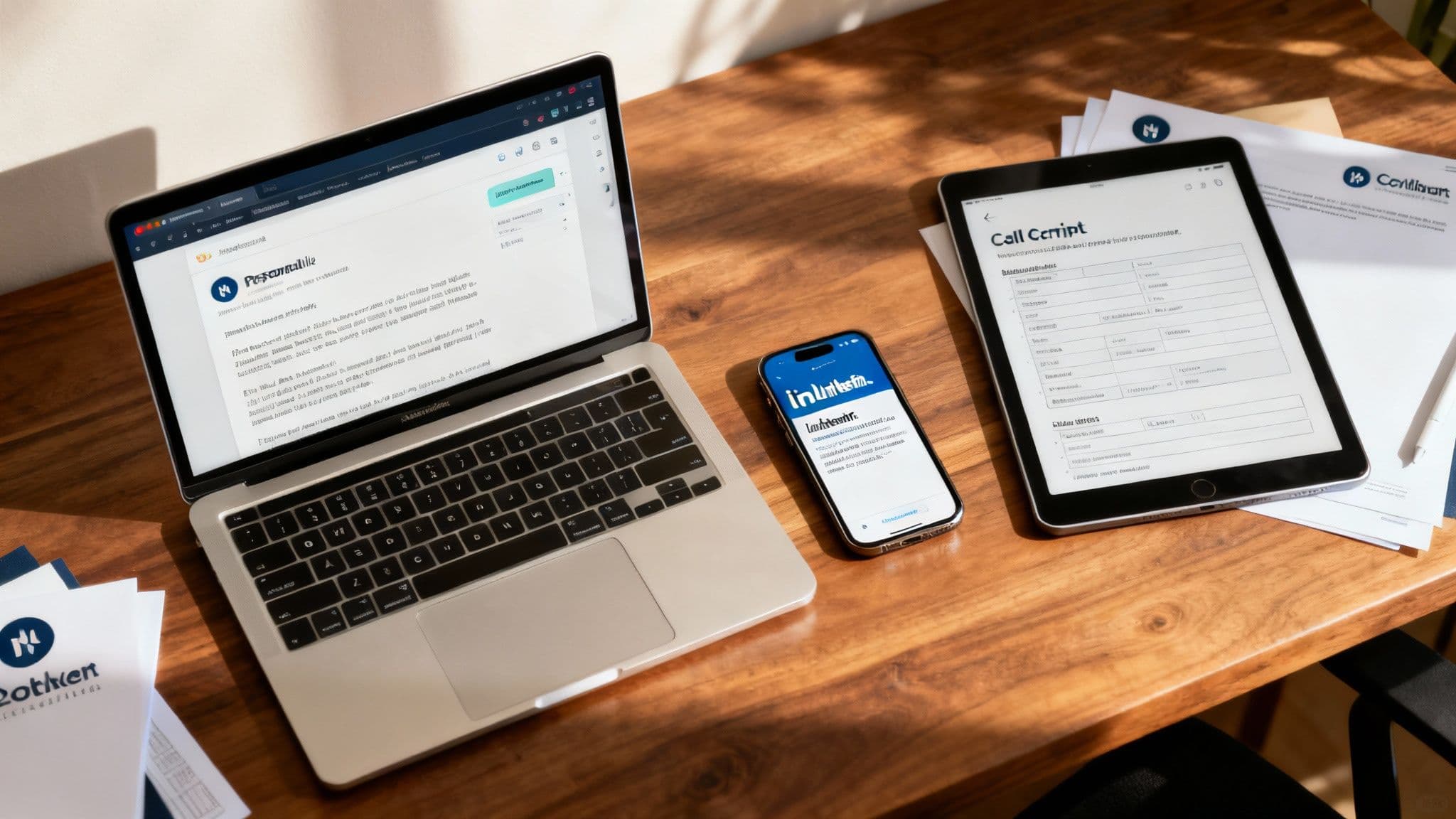 A person writing a personalized message on a laptop, surrounded by icons representing different communication channels like email, phone, and social media.