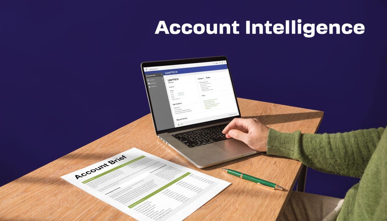 A professional working on an account brief document while viewing account intelligence data on a laptop computer.