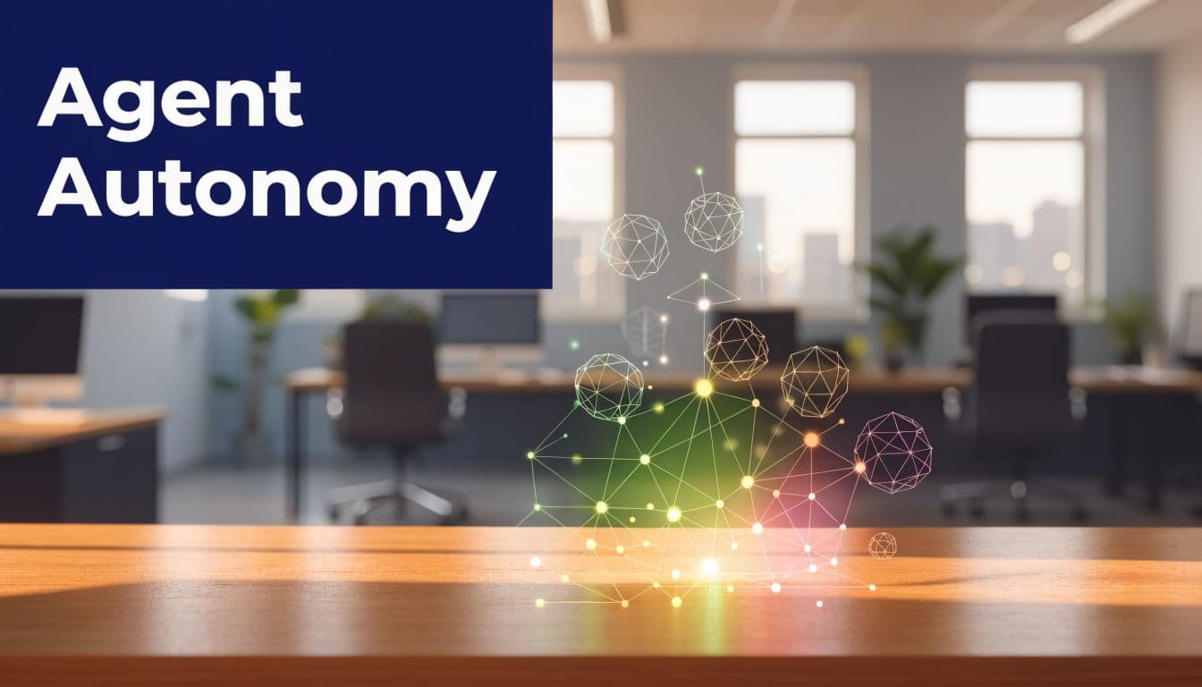 A modern office workspace with a glowing digital network graphic representing AI agent autonomy concept.