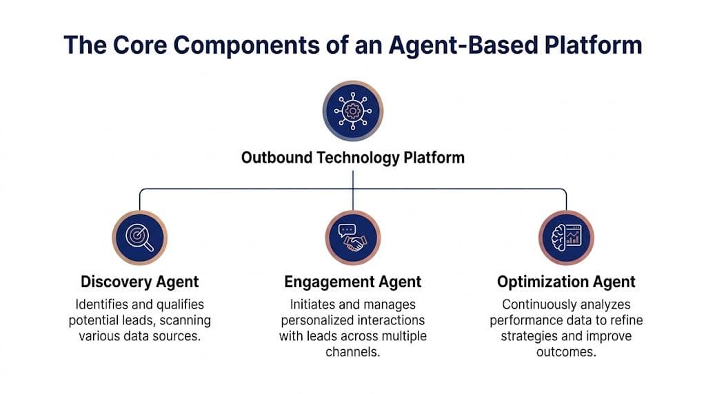 A diagram illustrating the core components of an agent-based outbound technology platform including discovery, engagement, and optimization agents.