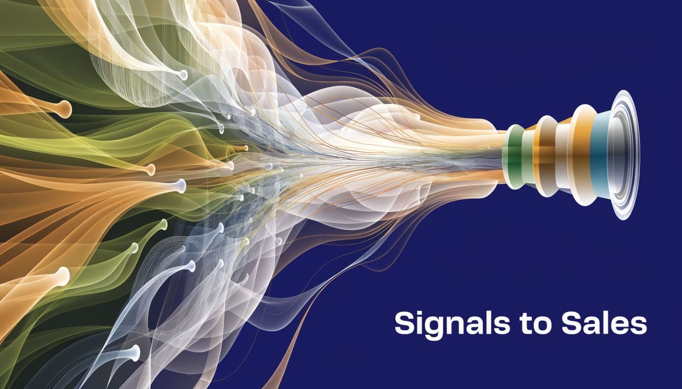 A digital abstract visualization of data signals converging into a structured sales funnel against a dark background.
