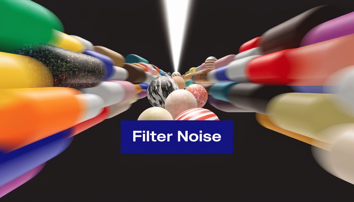 A central blue box labeled Filter Noise surrounded by blurred colorful pills and spherical objects on black.