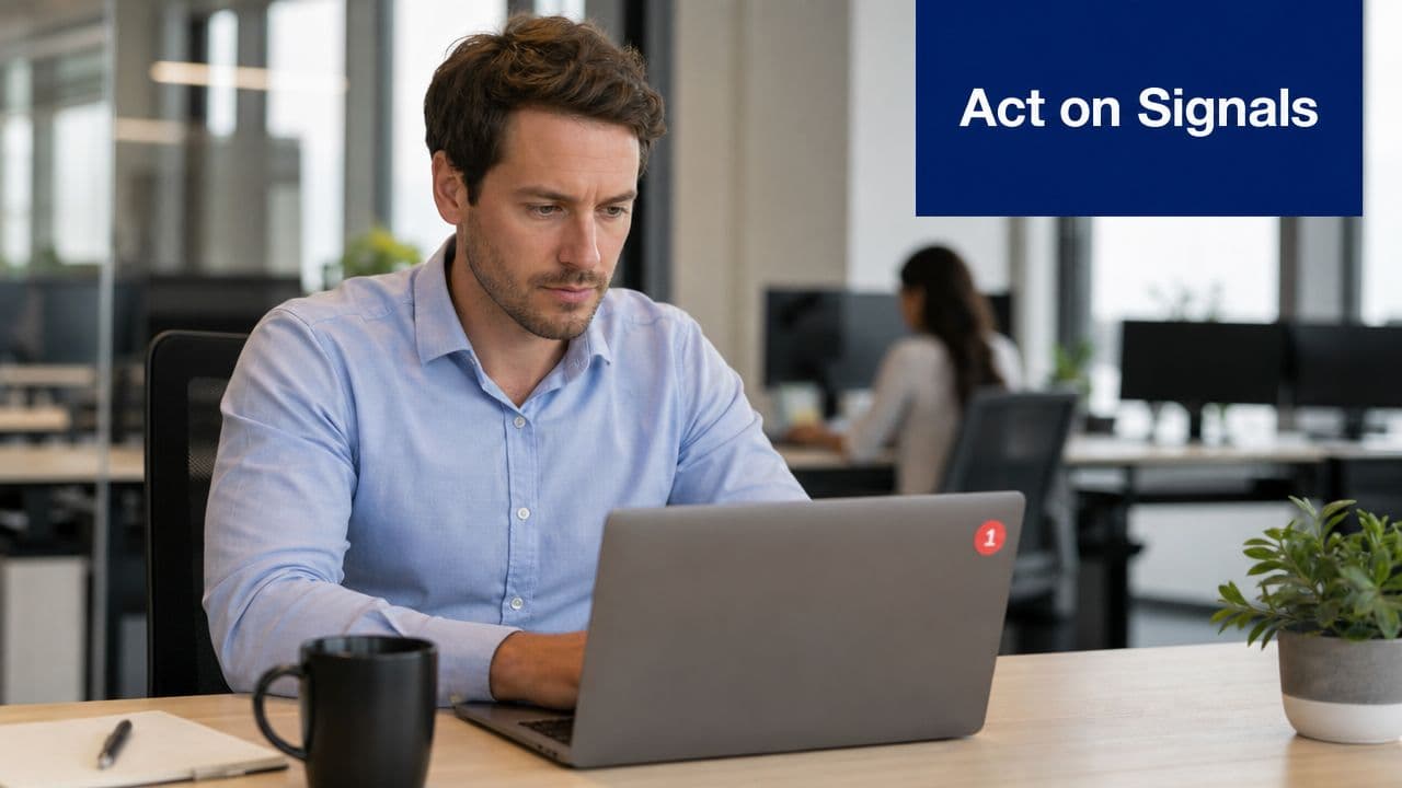 A professional man focused on working at his laptop in a bright and modern office environment.