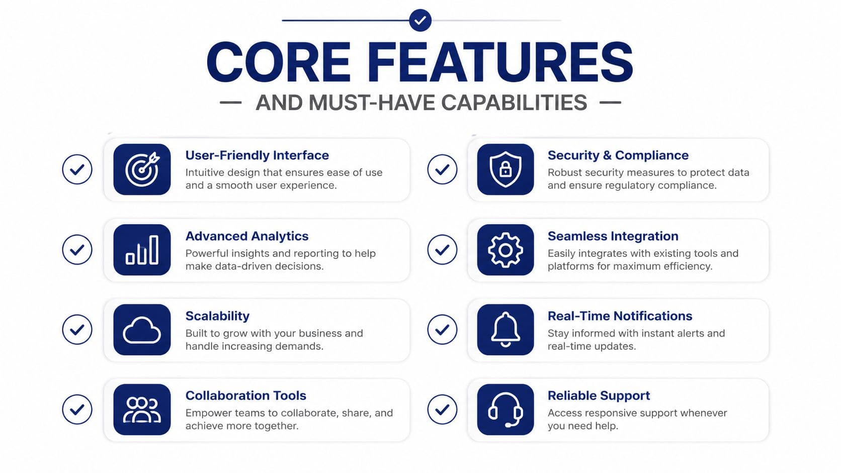 A list of essential core features and business capabilities displayed with icons on a clean background.
