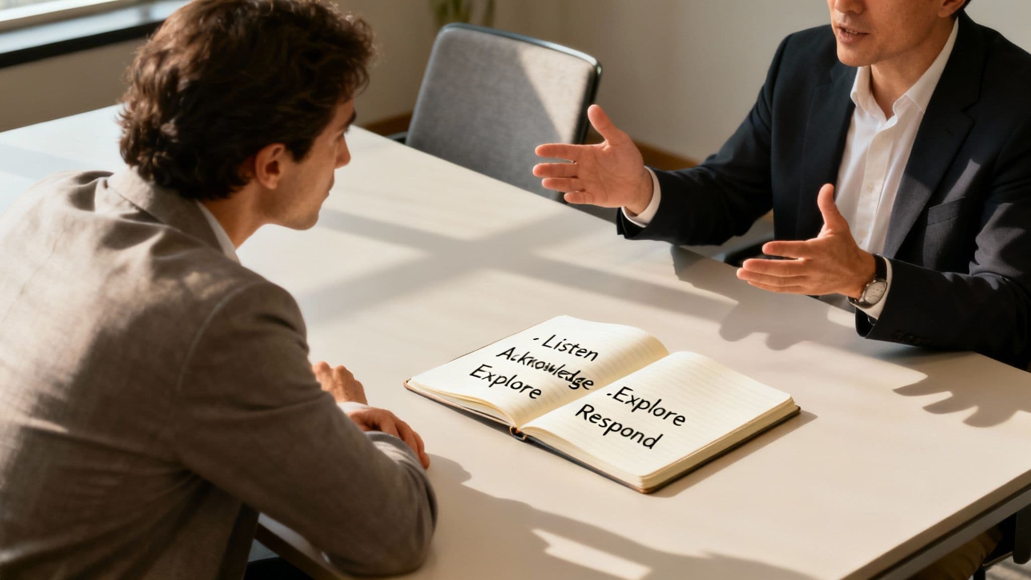 Two business professionals discussing sales objection handling strategies with open notebook on desk
