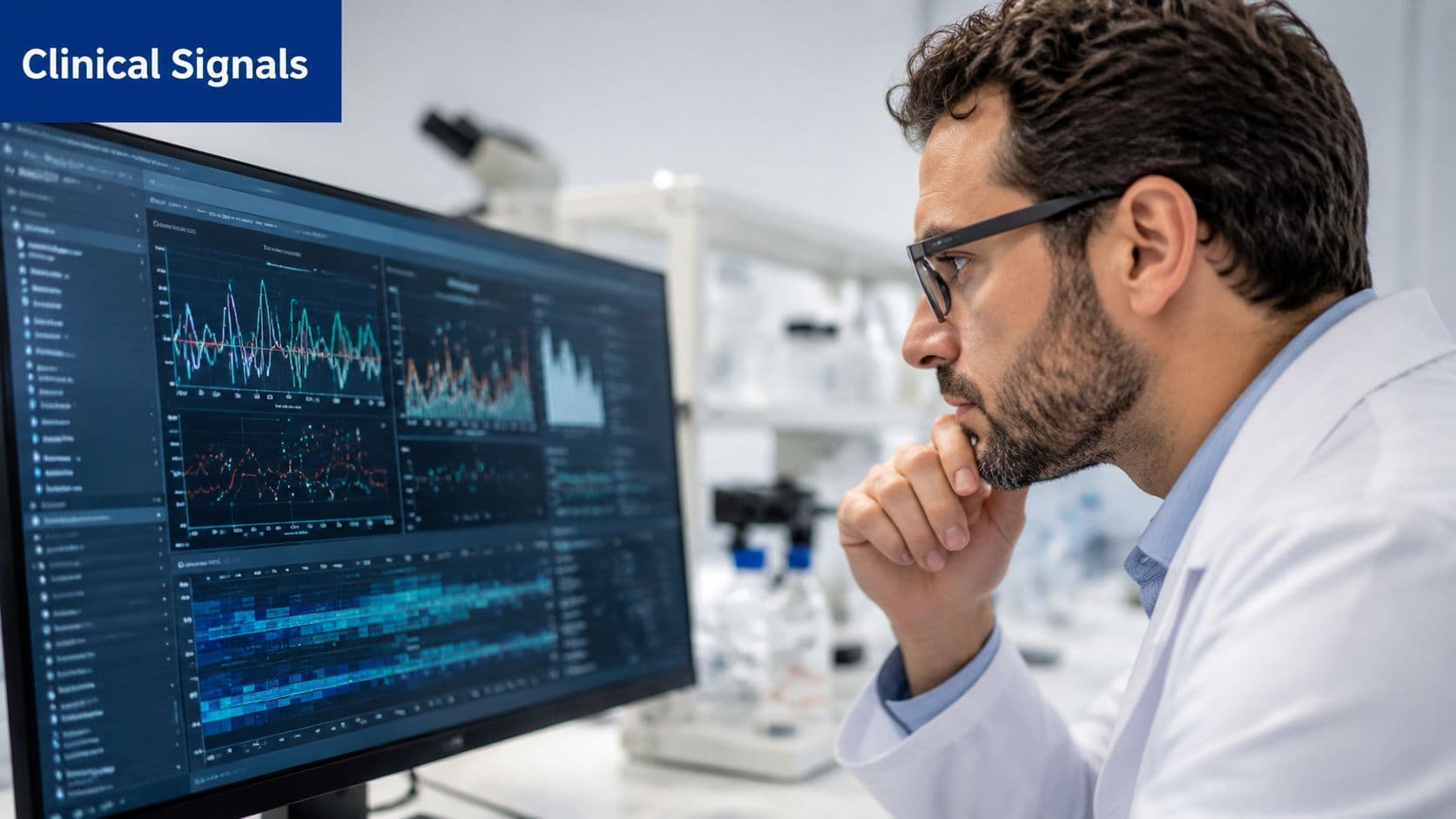 A professional researcher analyzing complex clinical data and digital signals on a large computer monitor.