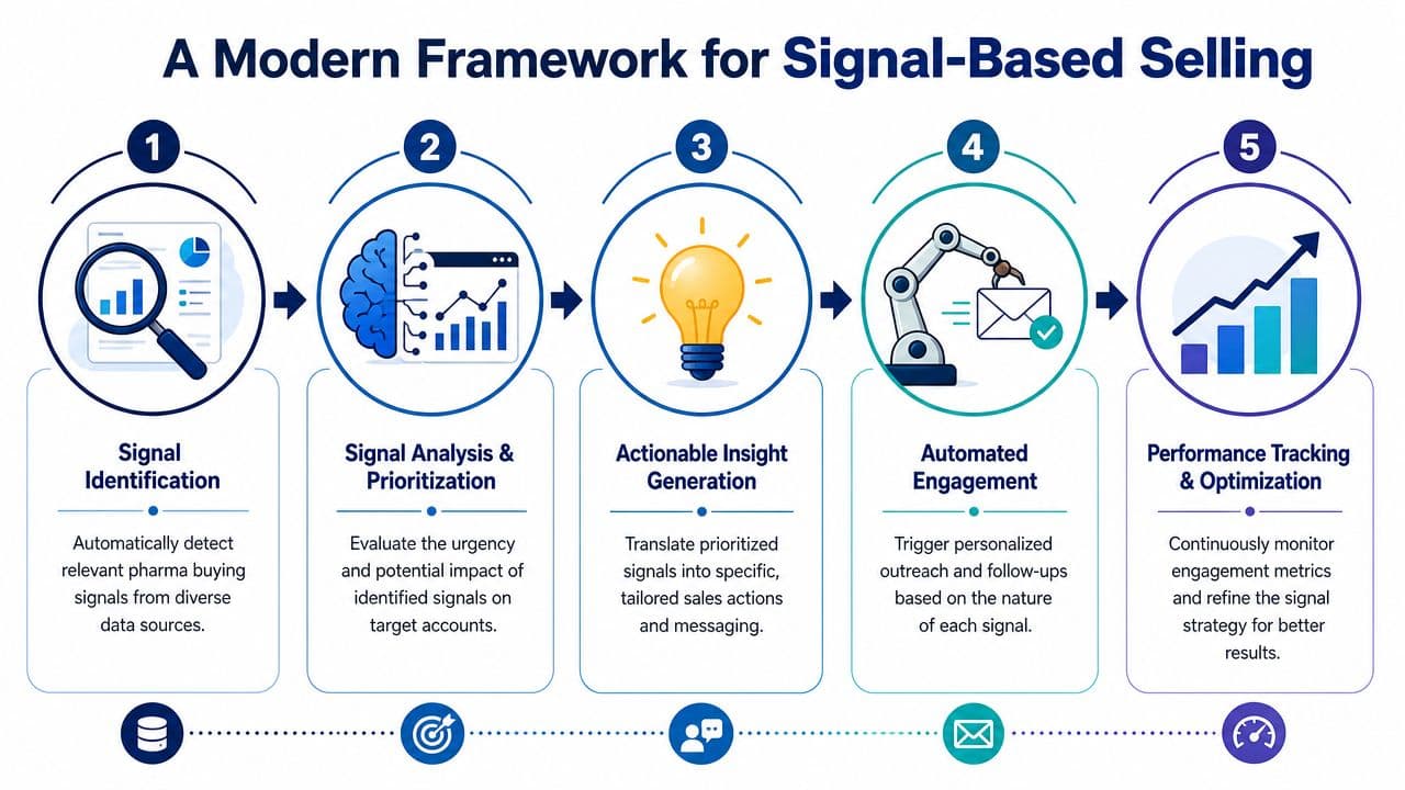 A five-step framework diagram for signal-based selling in the pharmaceutical industry from identification to performance tracking.