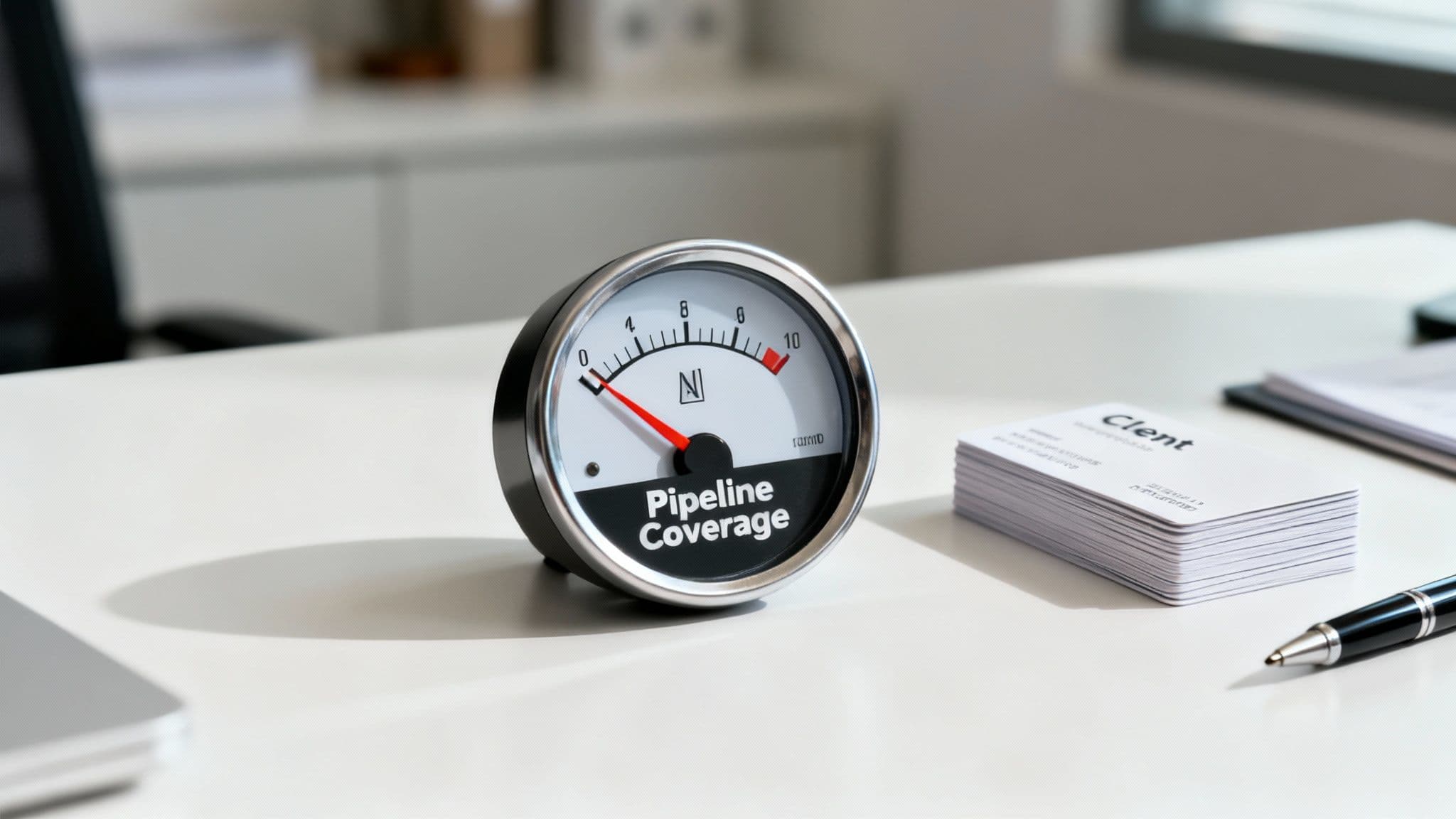 A business desk featuring a 'Pipeline Coverage' gauge with a low reading and a stack of 'Client' cards.
