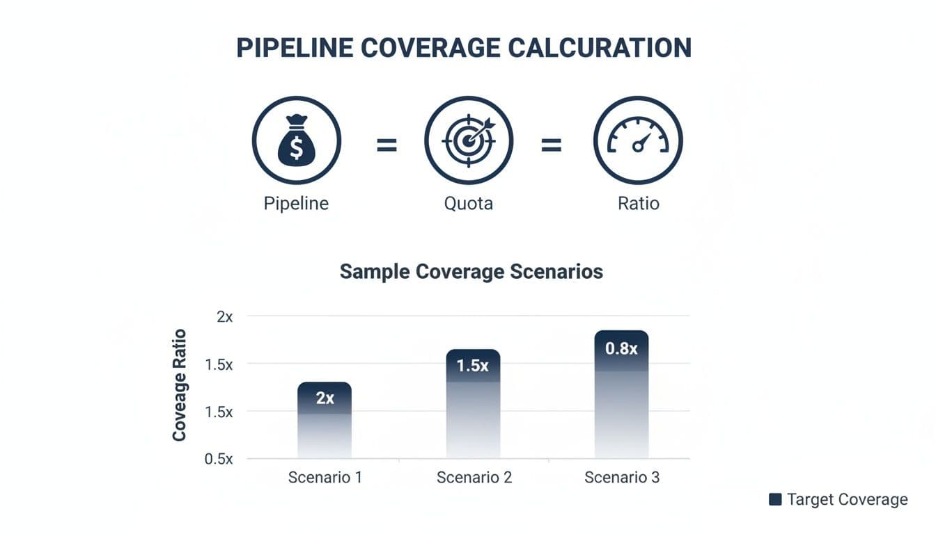 Illustration explaining pipeline coverage calculation (pipeline, quota, ratio) and showing three sample coverage ratio scenarios.