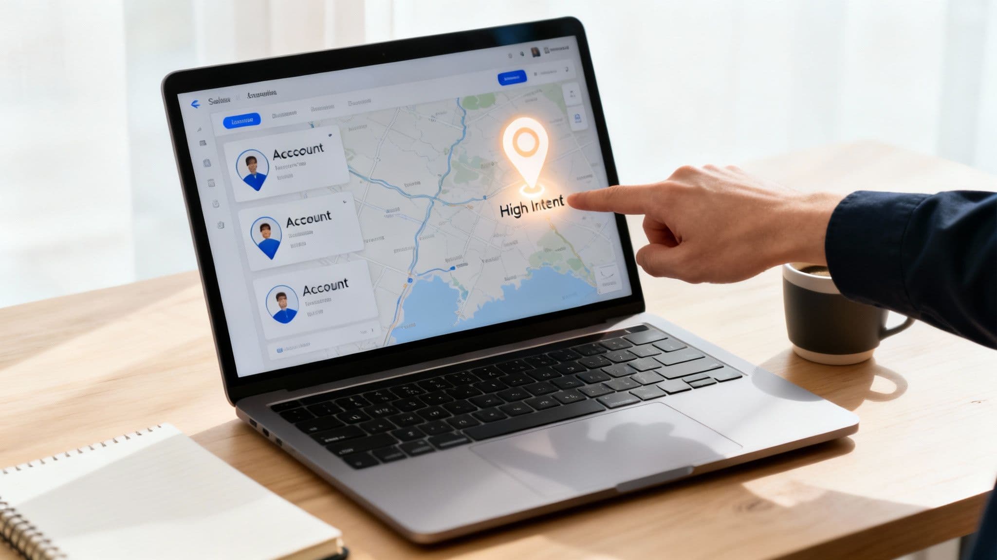 A hand pointing at a 'High Intent' location on a laptop map displaying customer account data.