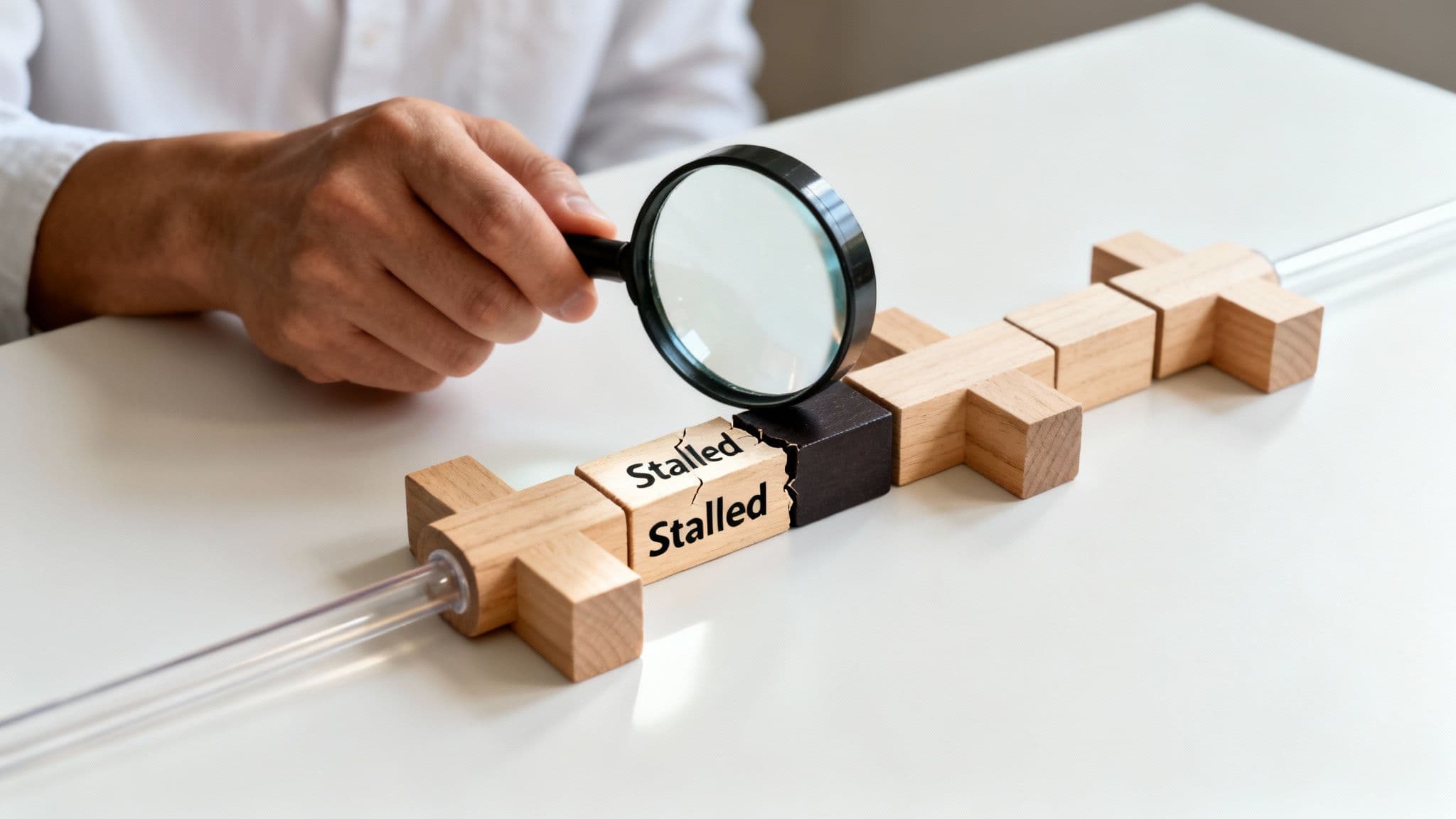 A person uses a magnifying glass to examine 'Stalled' wooden blocks in a pipeline structure.