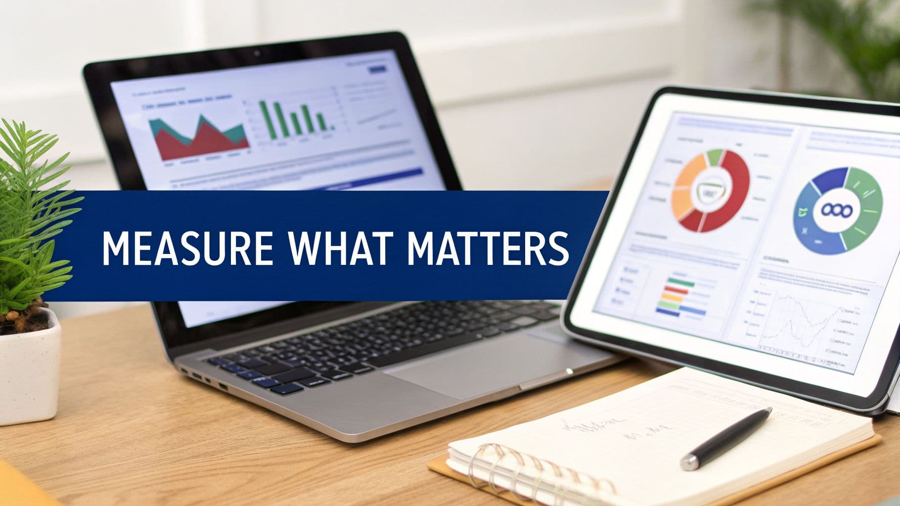 Workspace with laptop and tablet showing data analytics, charts, a notebook, and 'MEASURE WHAT MATTERS' text.