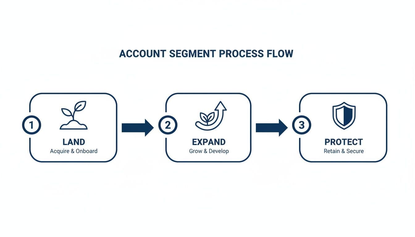 Diagram illustrating the account segment process flow: Land, Expand, and Protect, with related icons.
