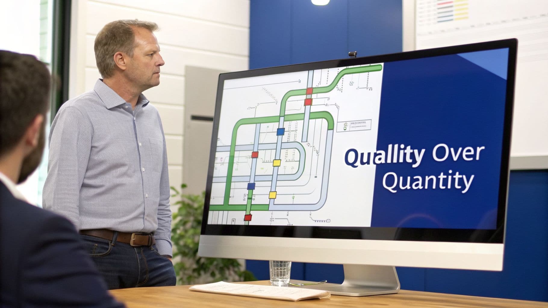 Man presents a business diagram and the motto 'Quality Over Quantity' on a large monitor.