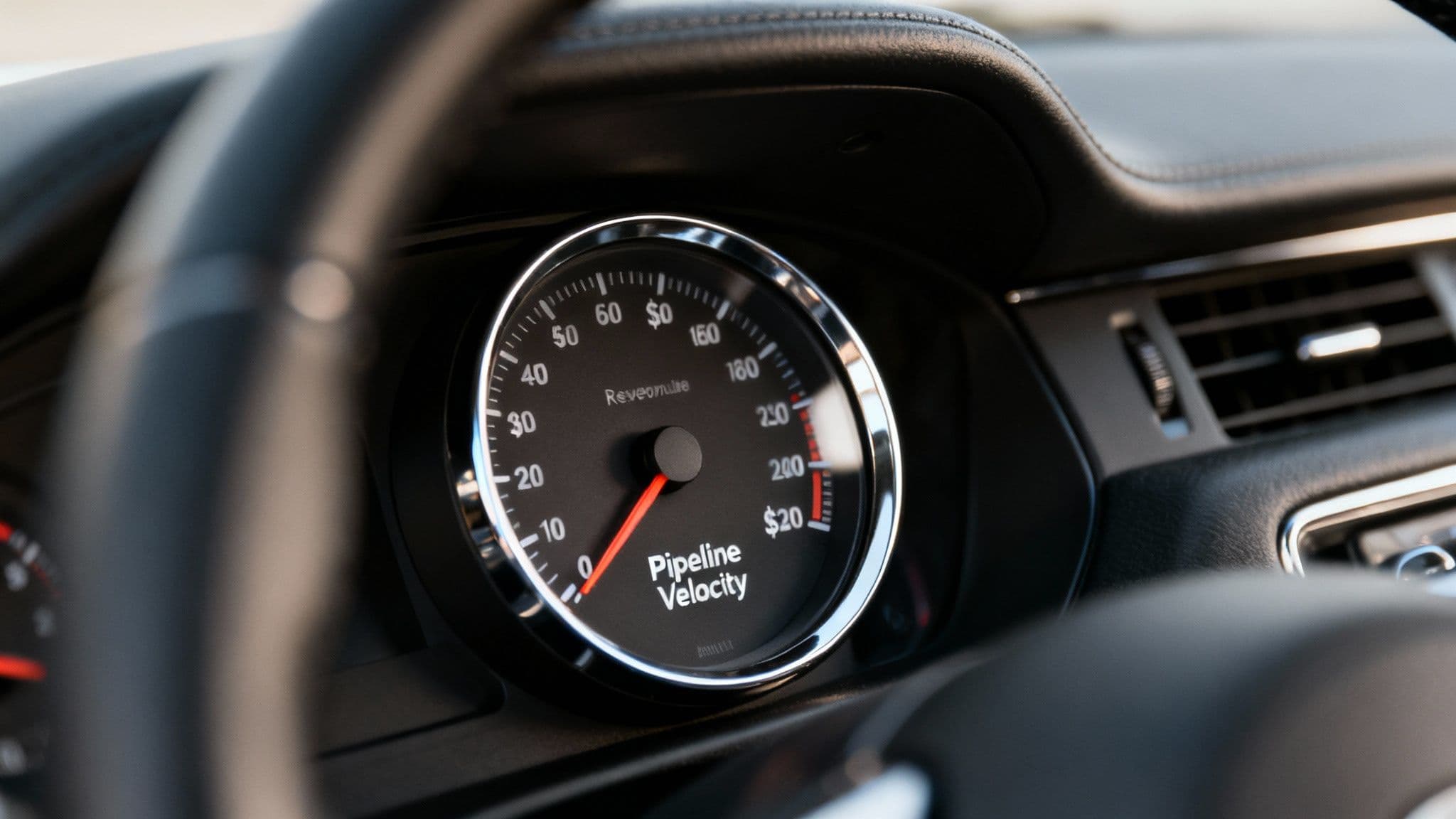 Car speedometer labelled 'Pipeline Velocity', illustrating the metric as the speedometer of your sales engine
