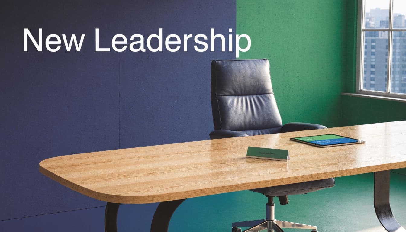 A modern executive office featuring a wooden desk, a leather office chair, and a view of city buildings.