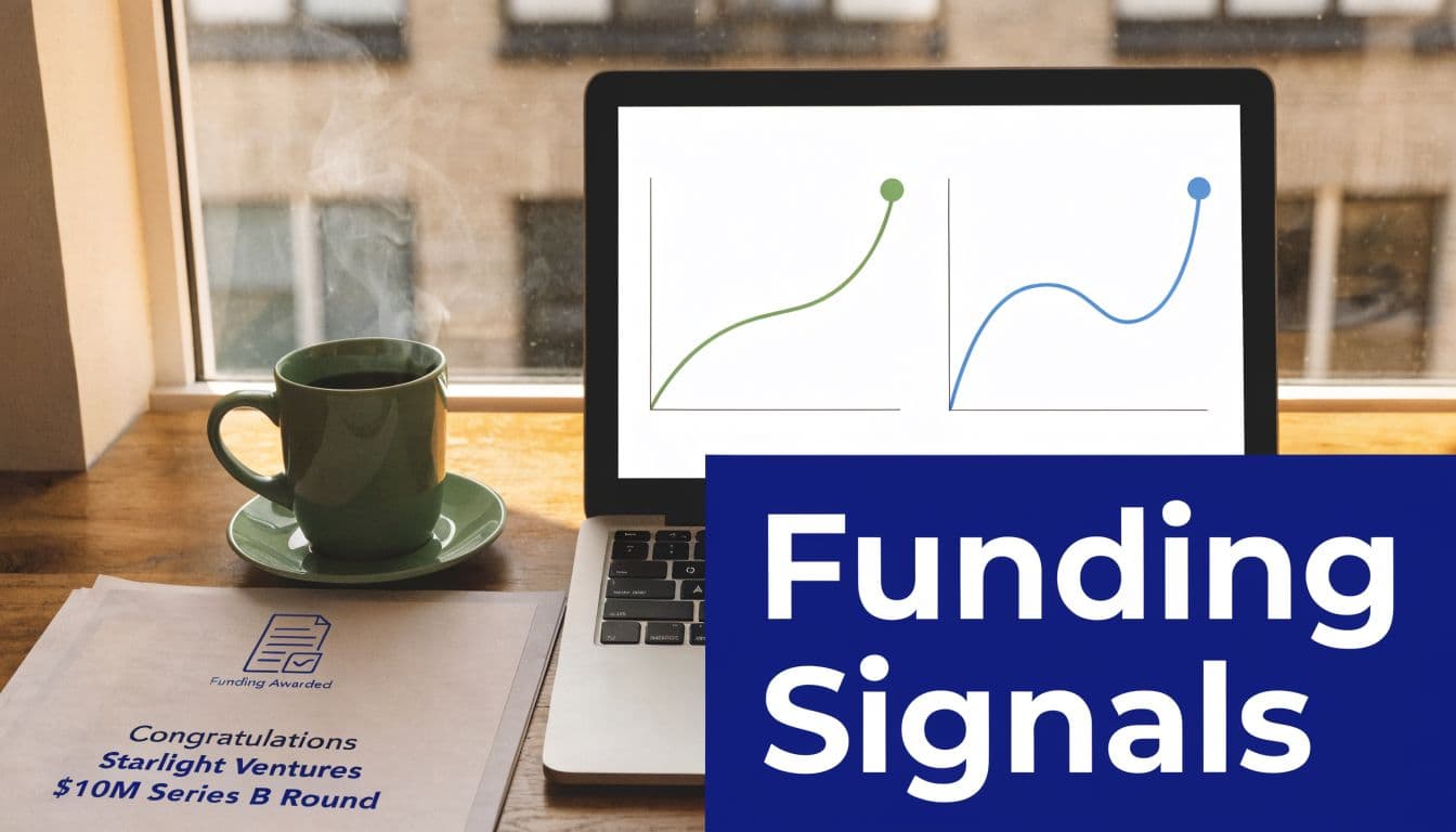 A laptop showing growth charts on a wooden desk next to a coffee cup and funding document.