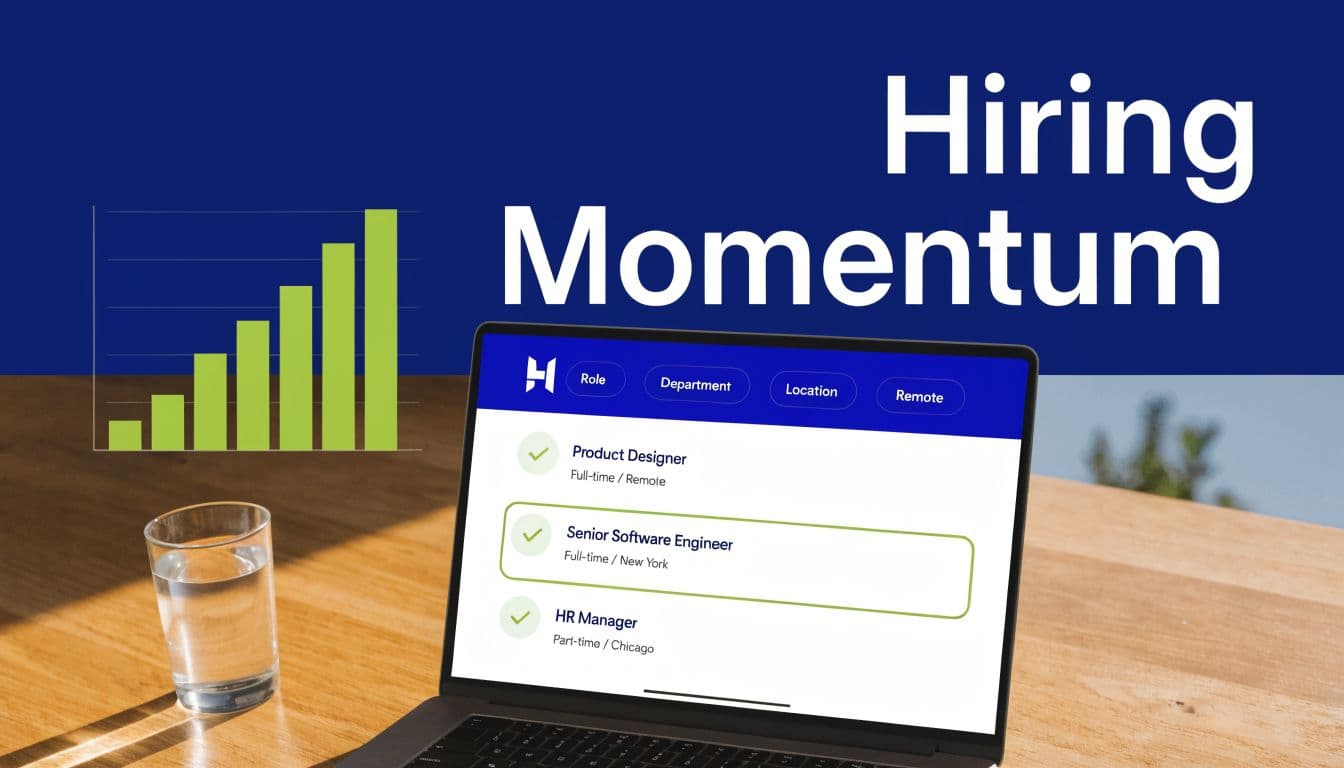 A laptop on a desk showing job listings alongside a chart illustrating positive hiring growth momentum.