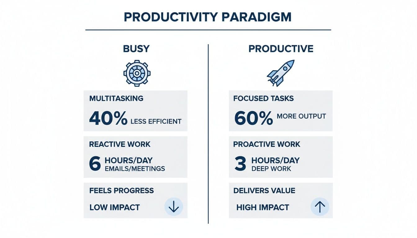 Infographic comparing busy, low-impact work habits with productive, high-impact work strategies and outcomes.