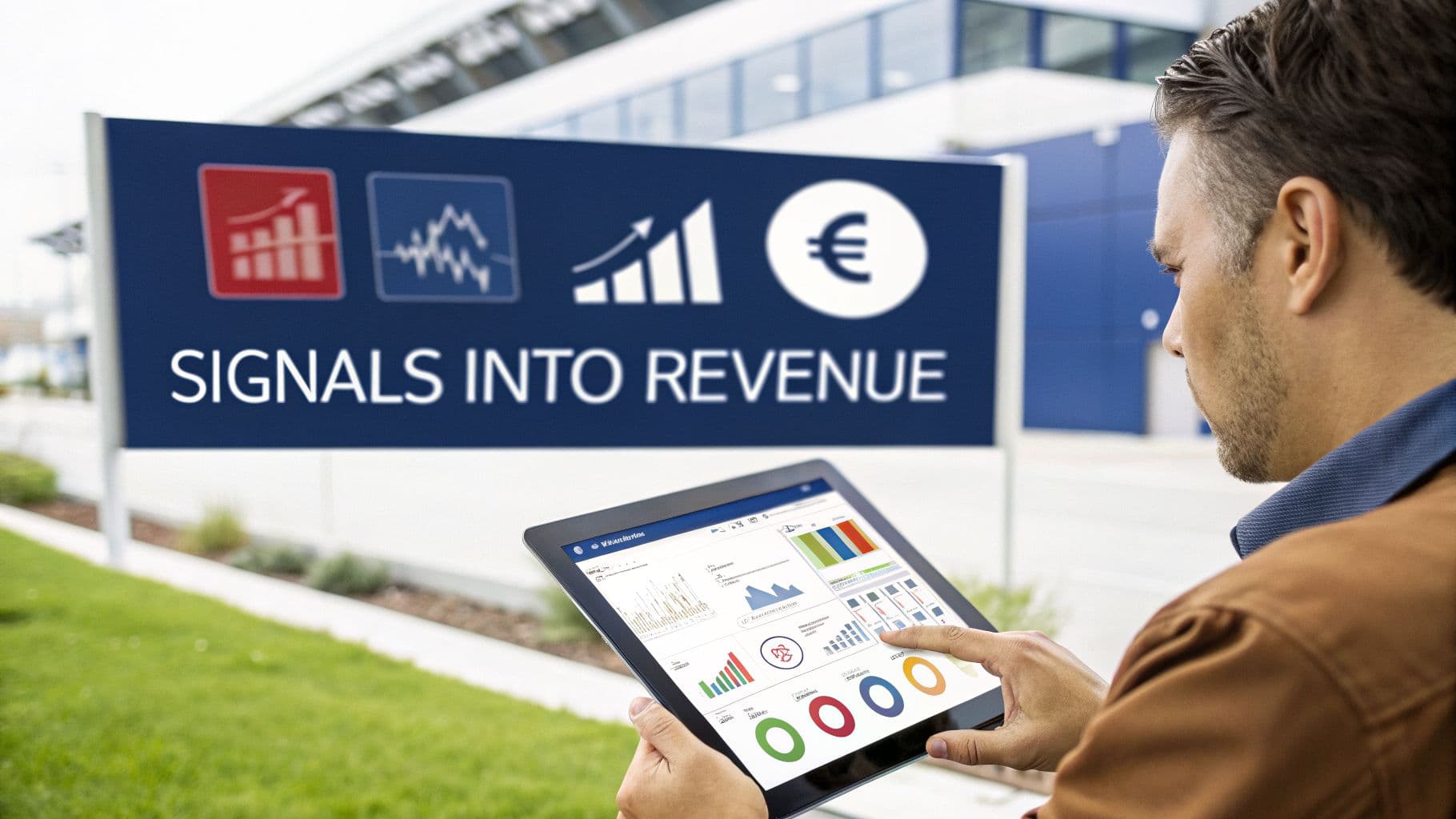 A man uses a tablet displaying business analytics charts, with a 'SIGNALS INTO REVENUE' sign in the background.