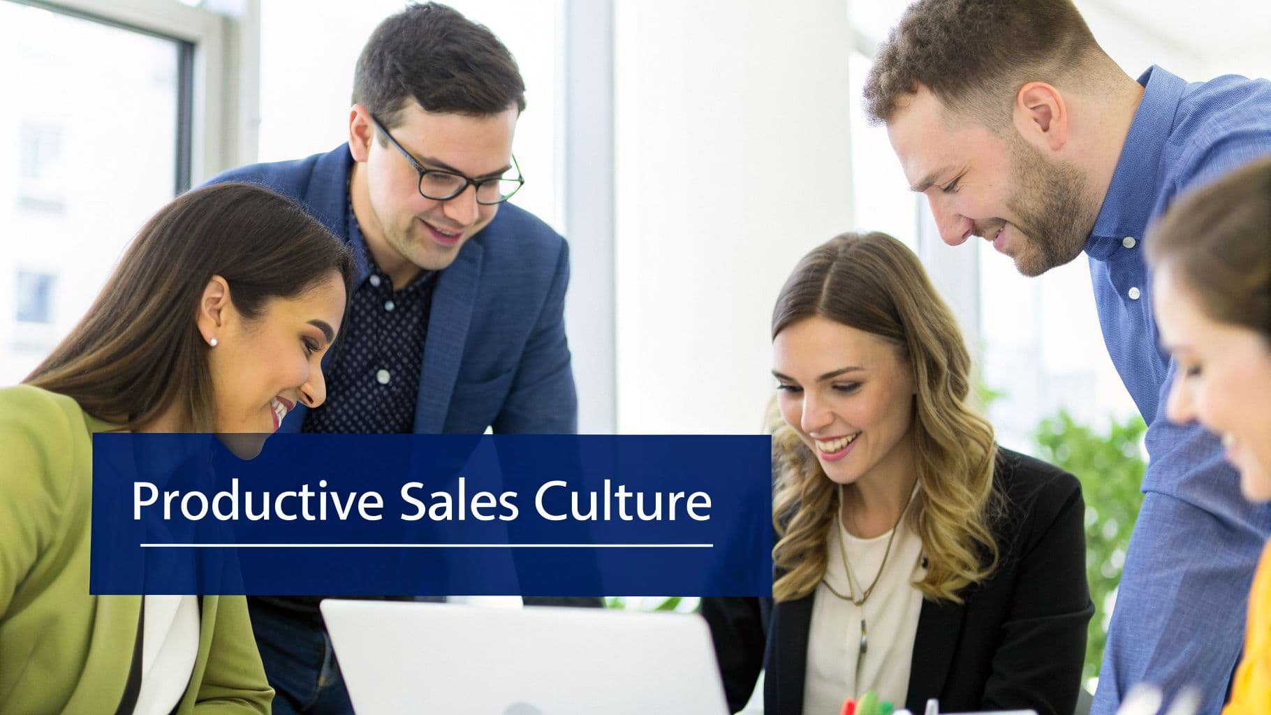 Diverse group of sales professionals happily collaborating around a laptop in a modern office.