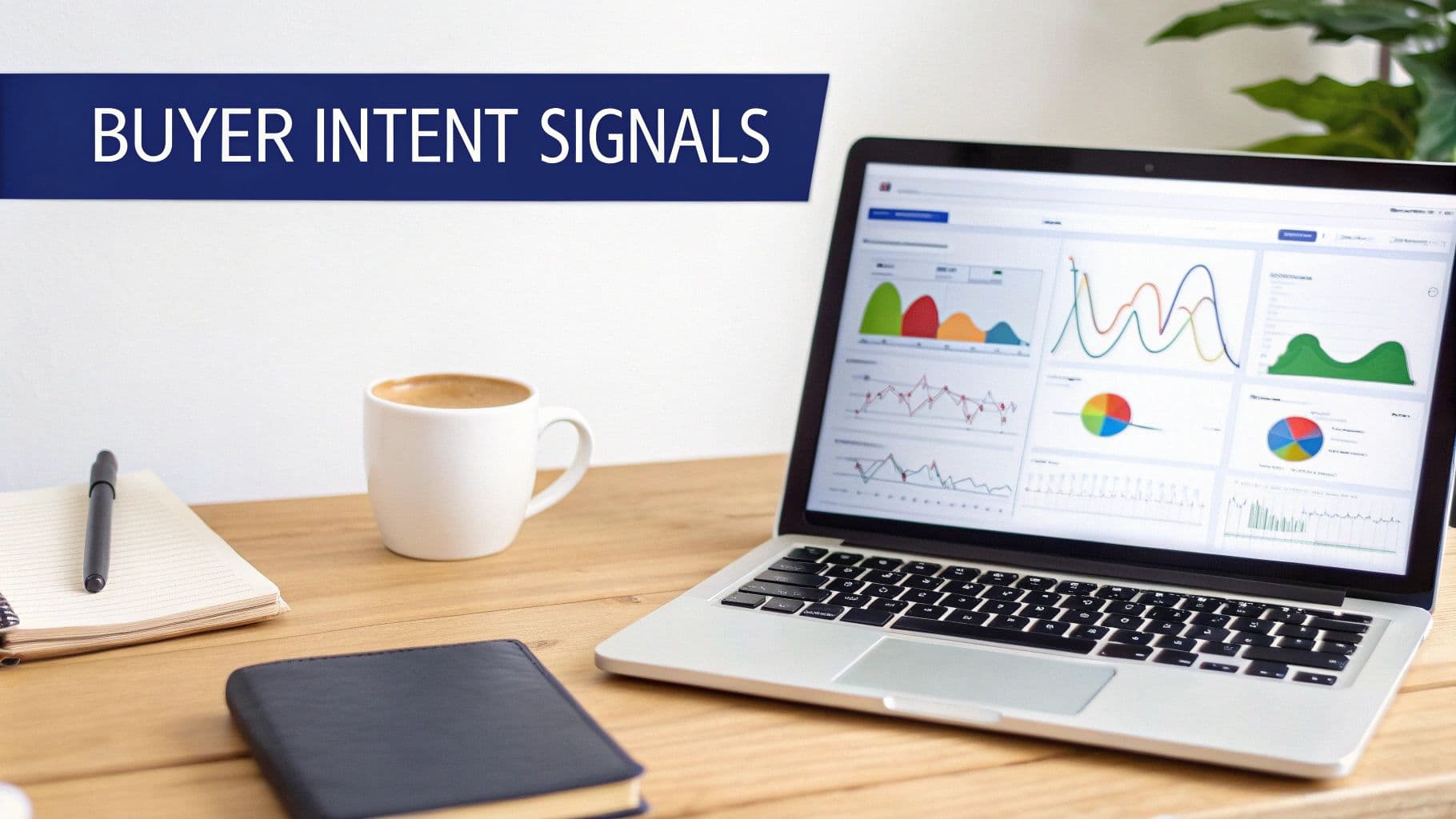 A laptop showing data charts, coffee, and a notebook on a wooden desk, with 'BUYER INTENT SIGNALS' banner.