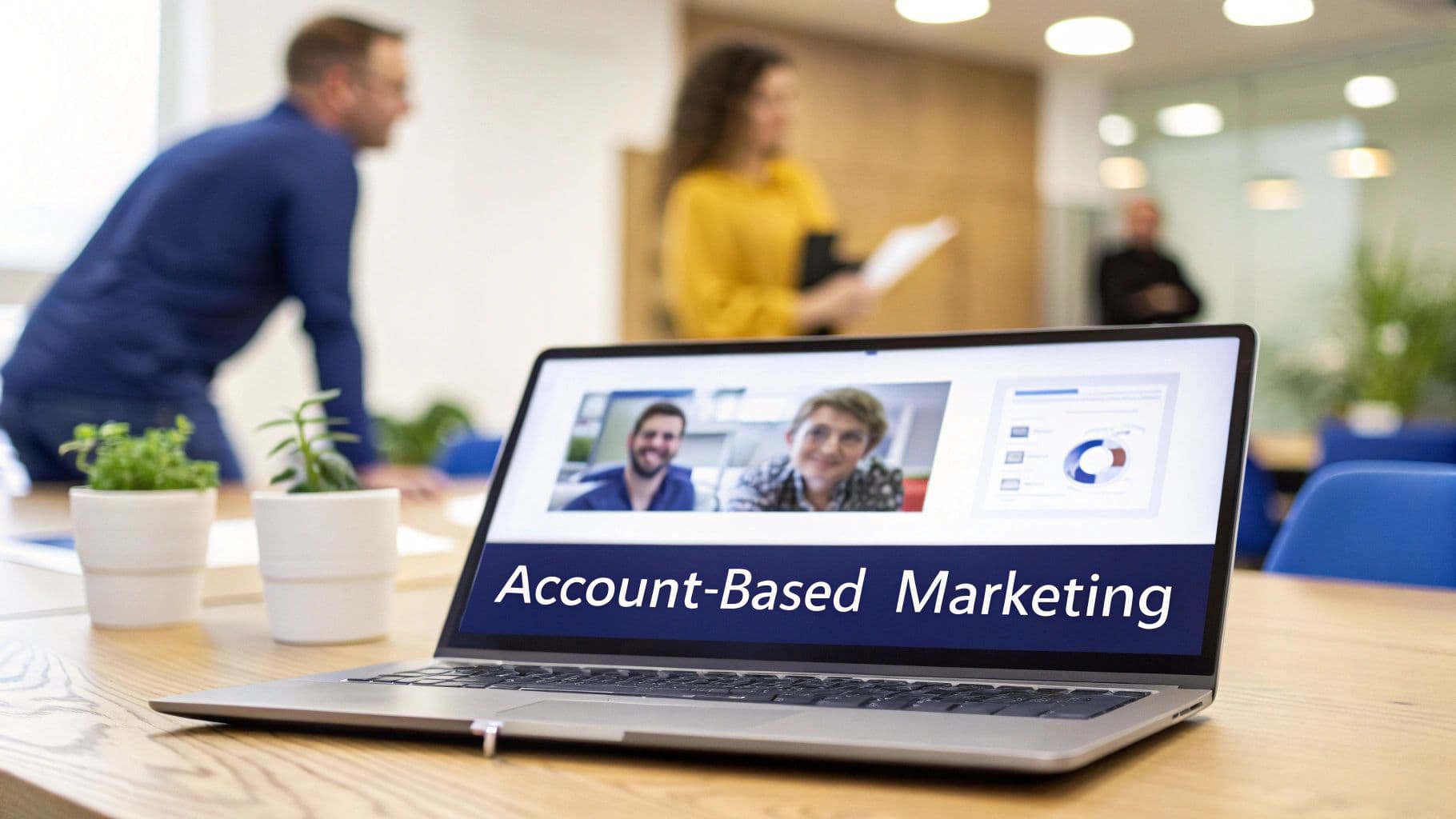 Laptop displaying 'Account-Based Marketing' on a desk with plants, showing a video call during an office meeting.