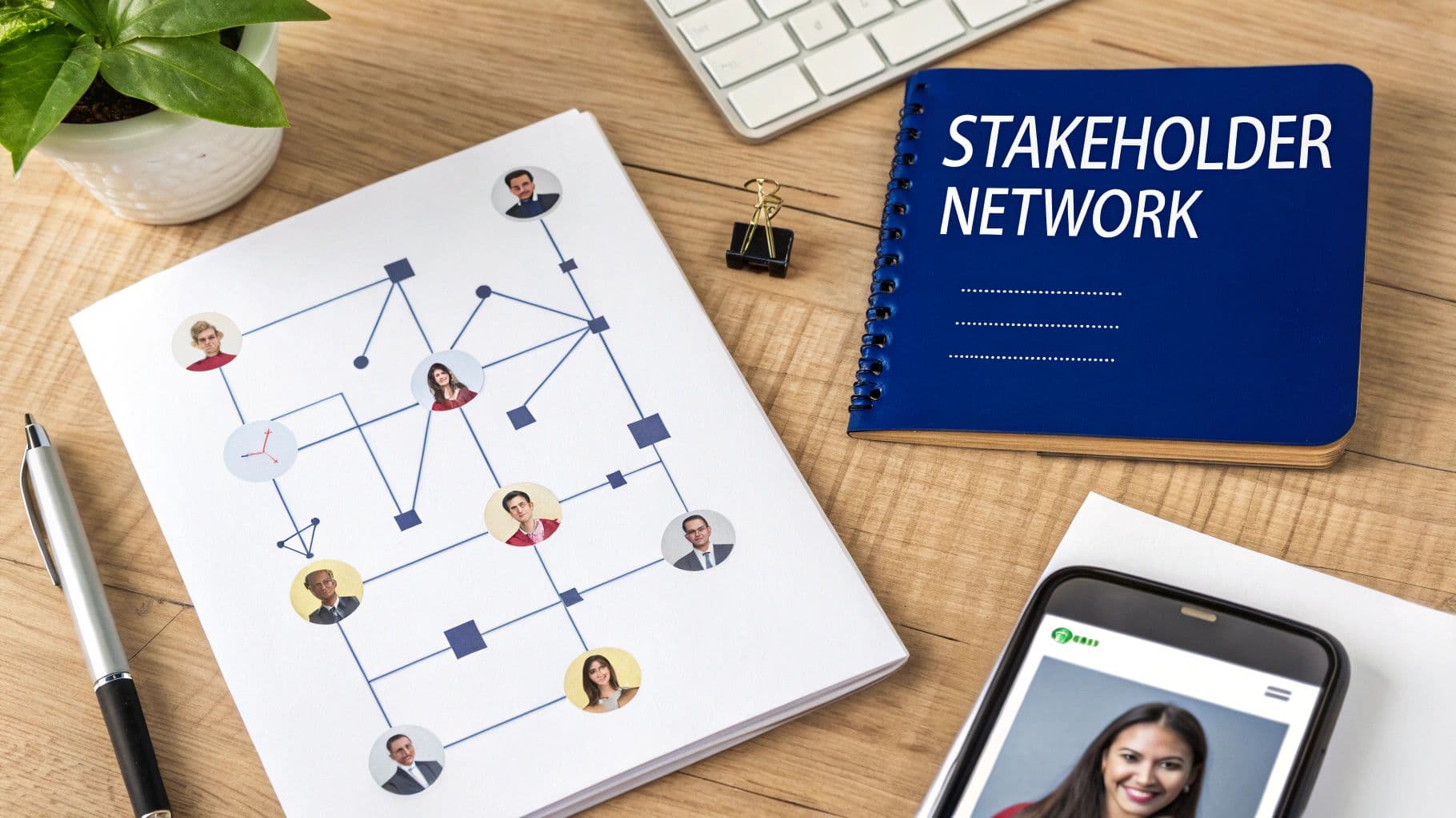 Desk with a stakeholder network diagram, a blue notebook, and a smartphone displaying a profile.