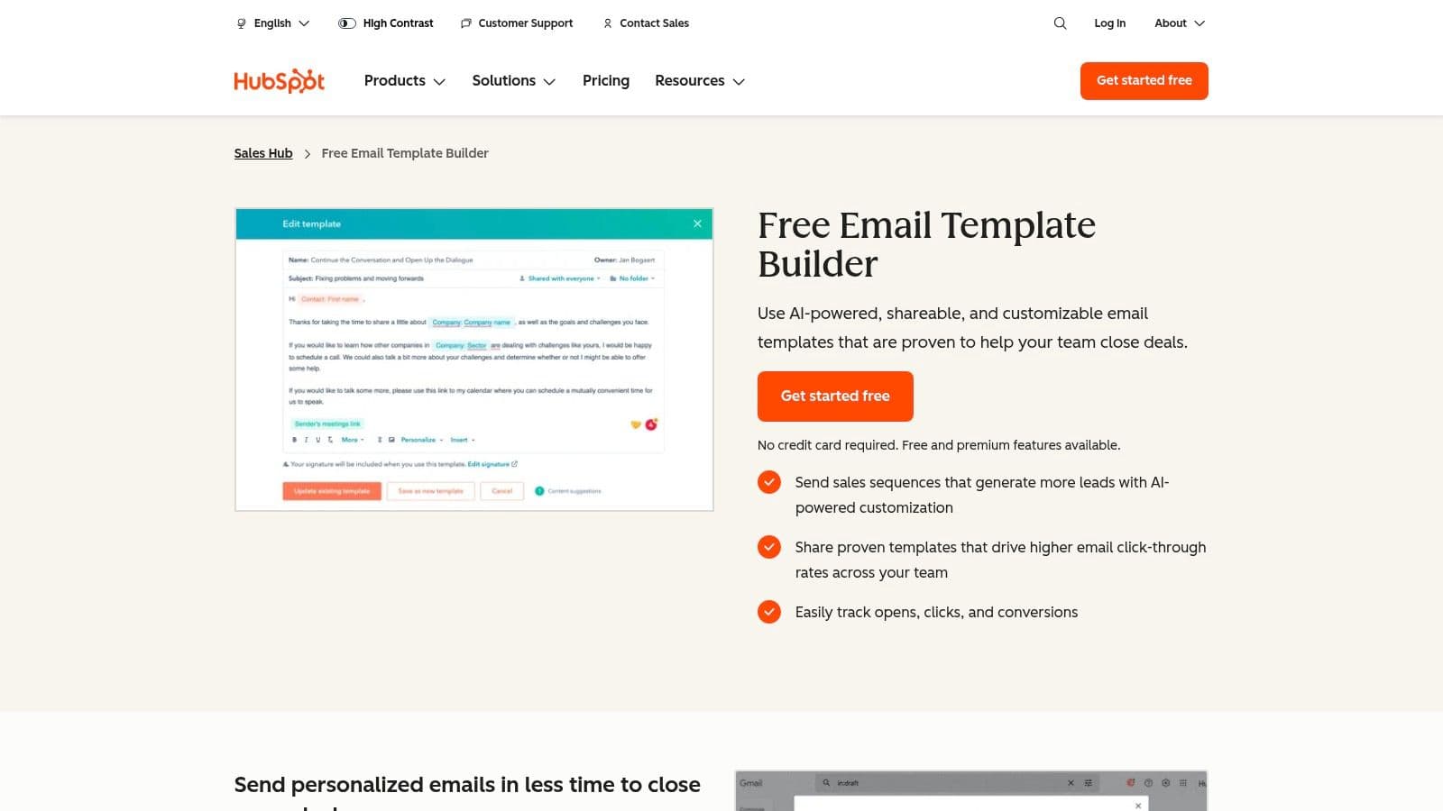 HubSpot Free Email Template Builder page