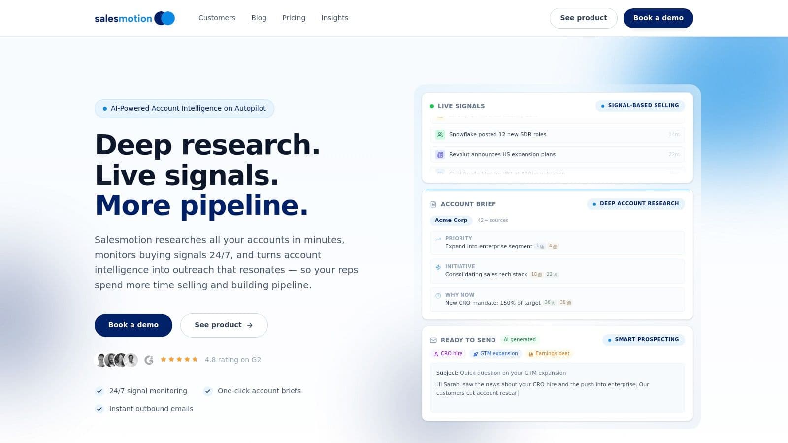 Salesmotion homepage showing live signals, an account brief and a drafted outreach email