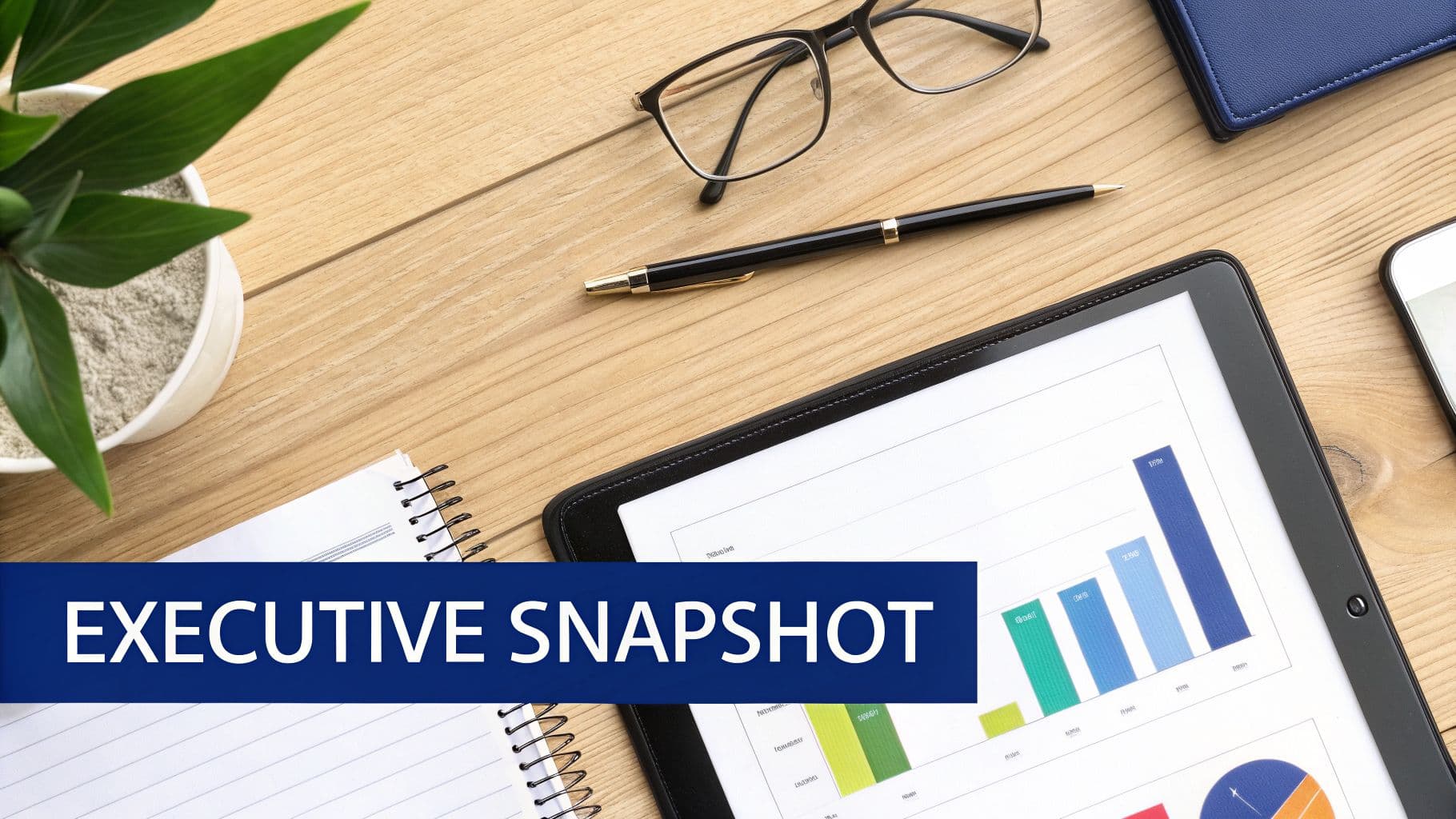 Overhead view of a business desk with a tablet displaying charts and an 'EXECUTIVE SNAPSHOT' banner.