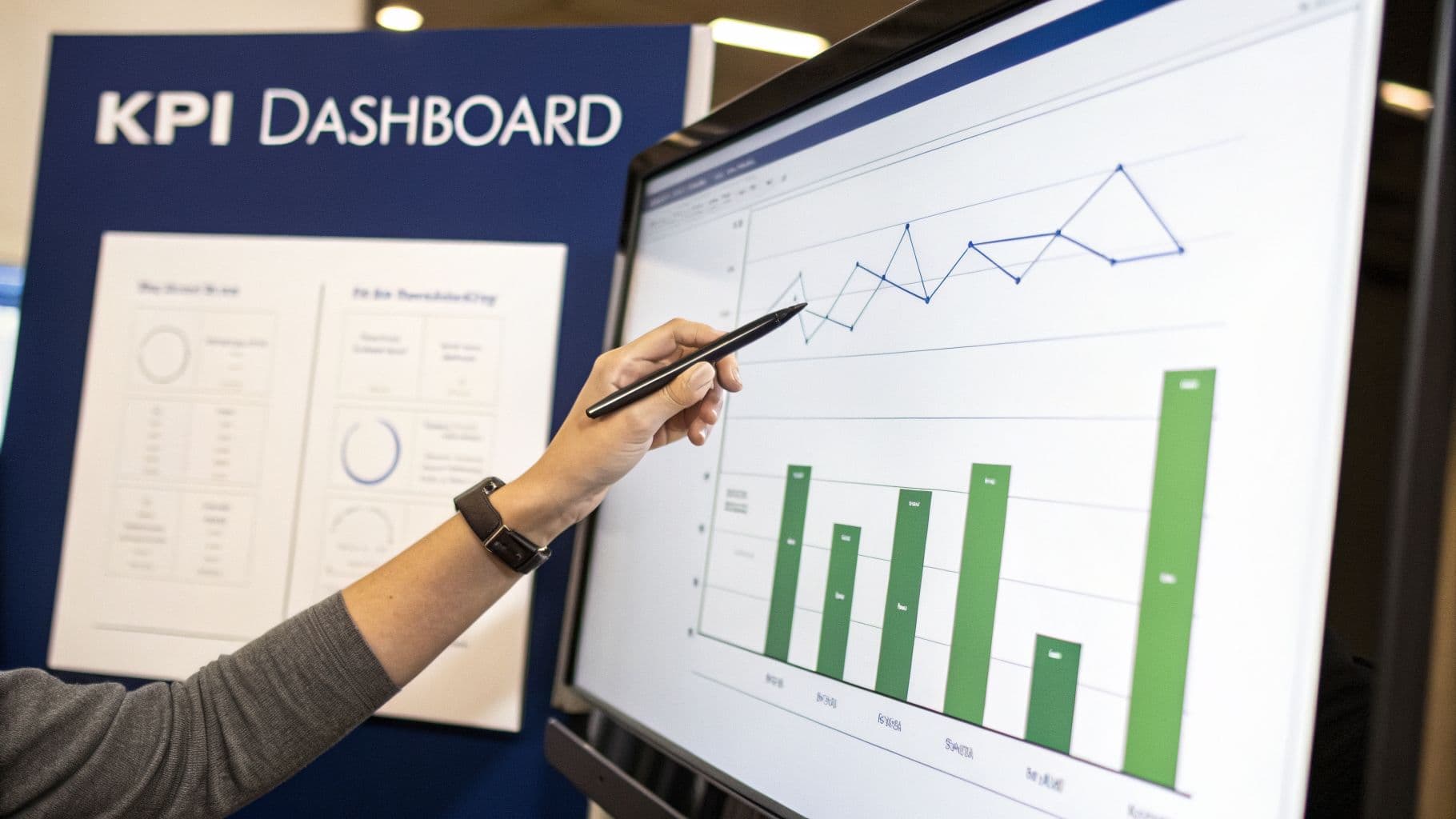 Hand pointing with a stylus at a digital KPI dashboard with bar and line graphs.