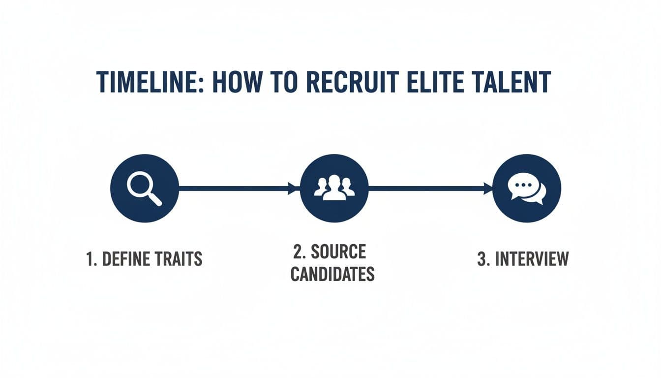 A timeline graphic illustrating three steps to recruit elite talent: define traits, source candidates, and interview.