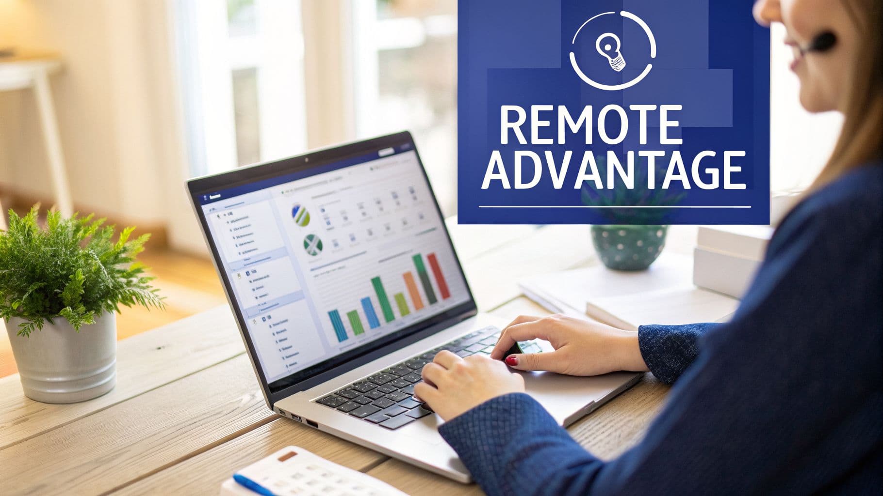 A person works on a laptop displaying business charts, with a 'Remote Advantage' overlay and a plant.