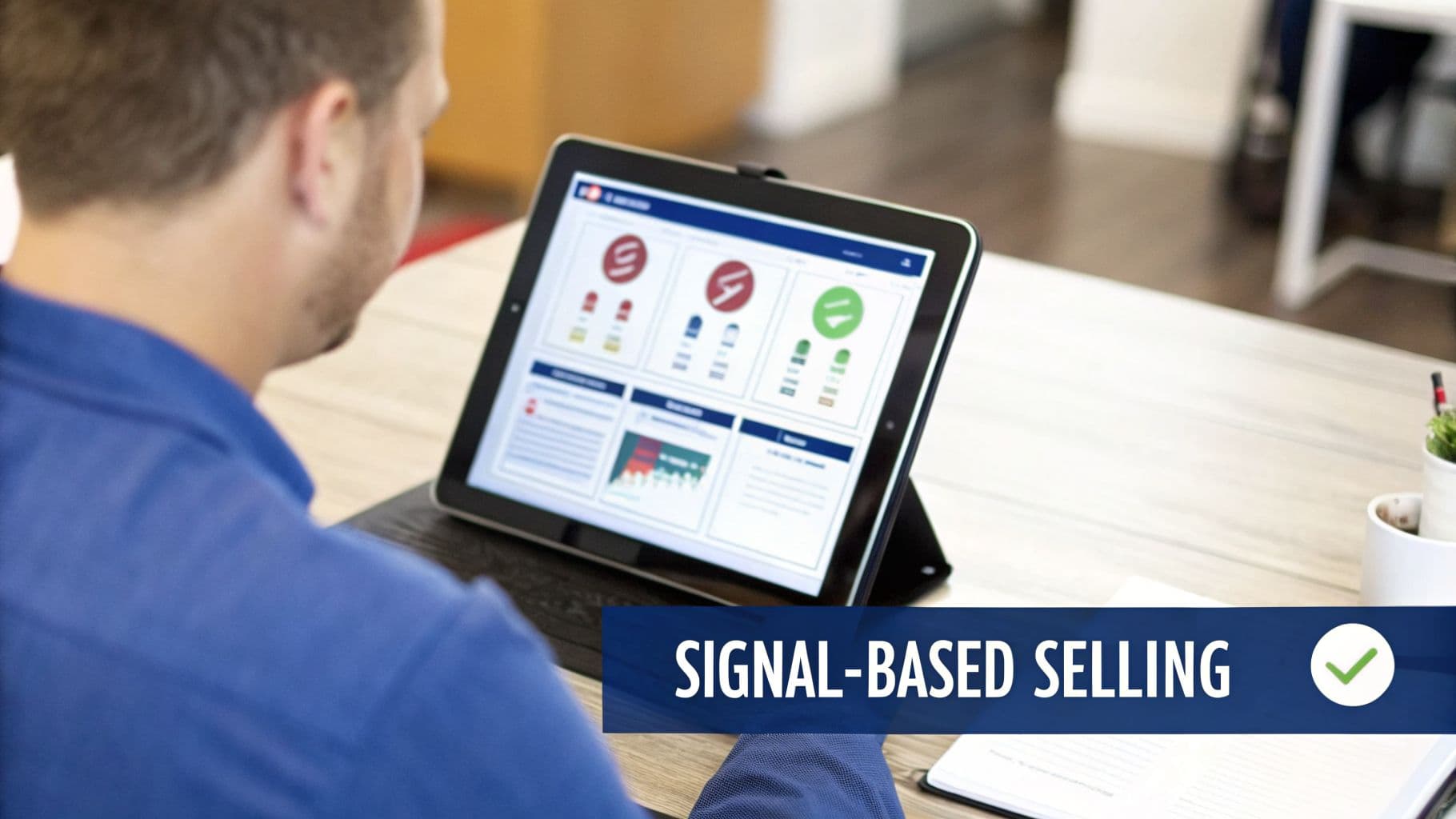 A person views a tablet displaying a sales analytics dashboard, illustrating signal-based selling.