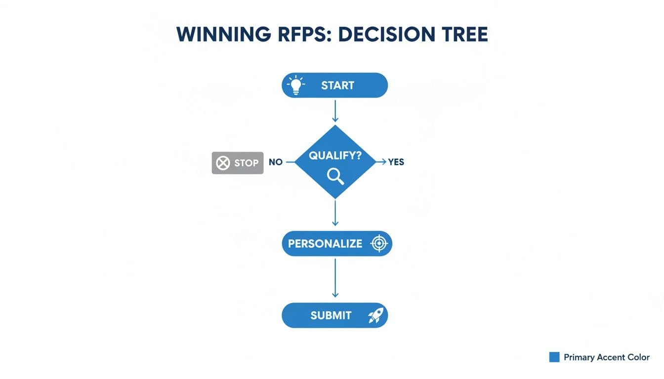 A decision tree flowchart outlining steps for winning RFPs, including qualification, personalization, and submission.