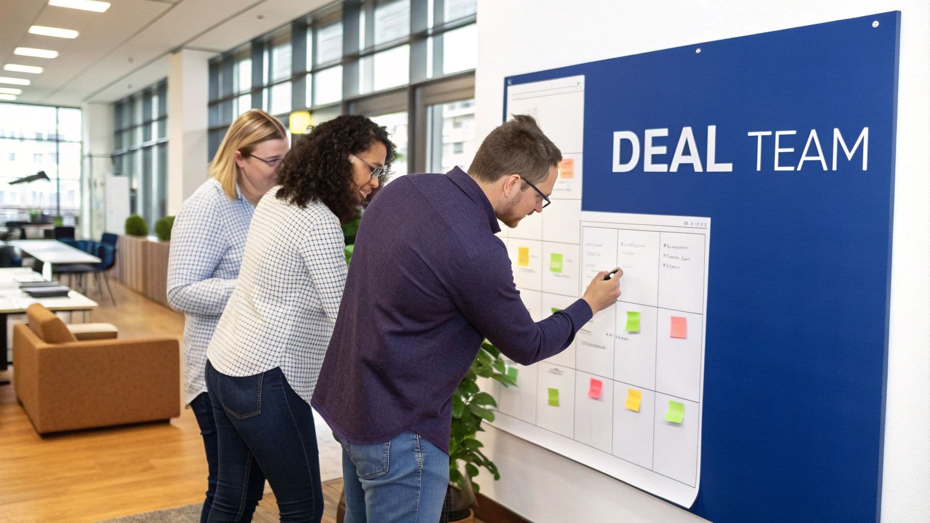 Three diverse professionals collaborate on a "DEAL TEAM" whiteboard, writing notes and discussing in an office.