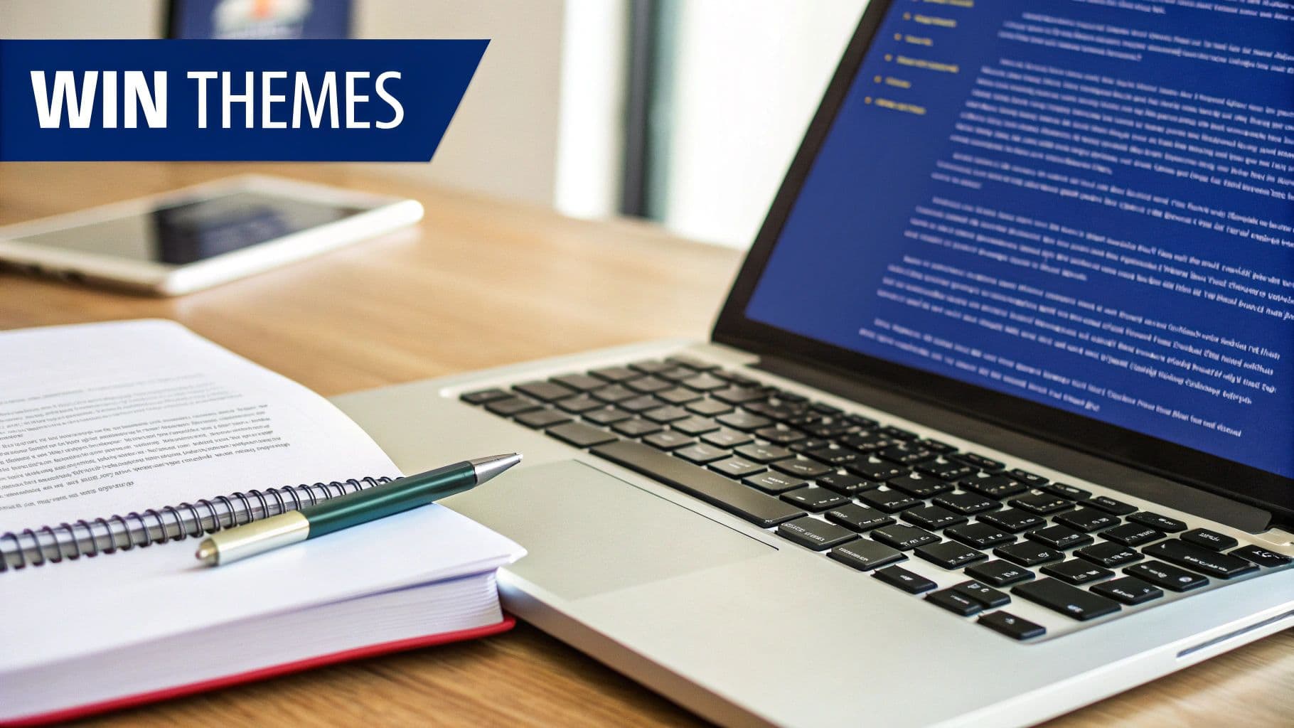 A laptop, open notebook with a pen, and tablet on a wooden desk, symbolizing a professional workspace.