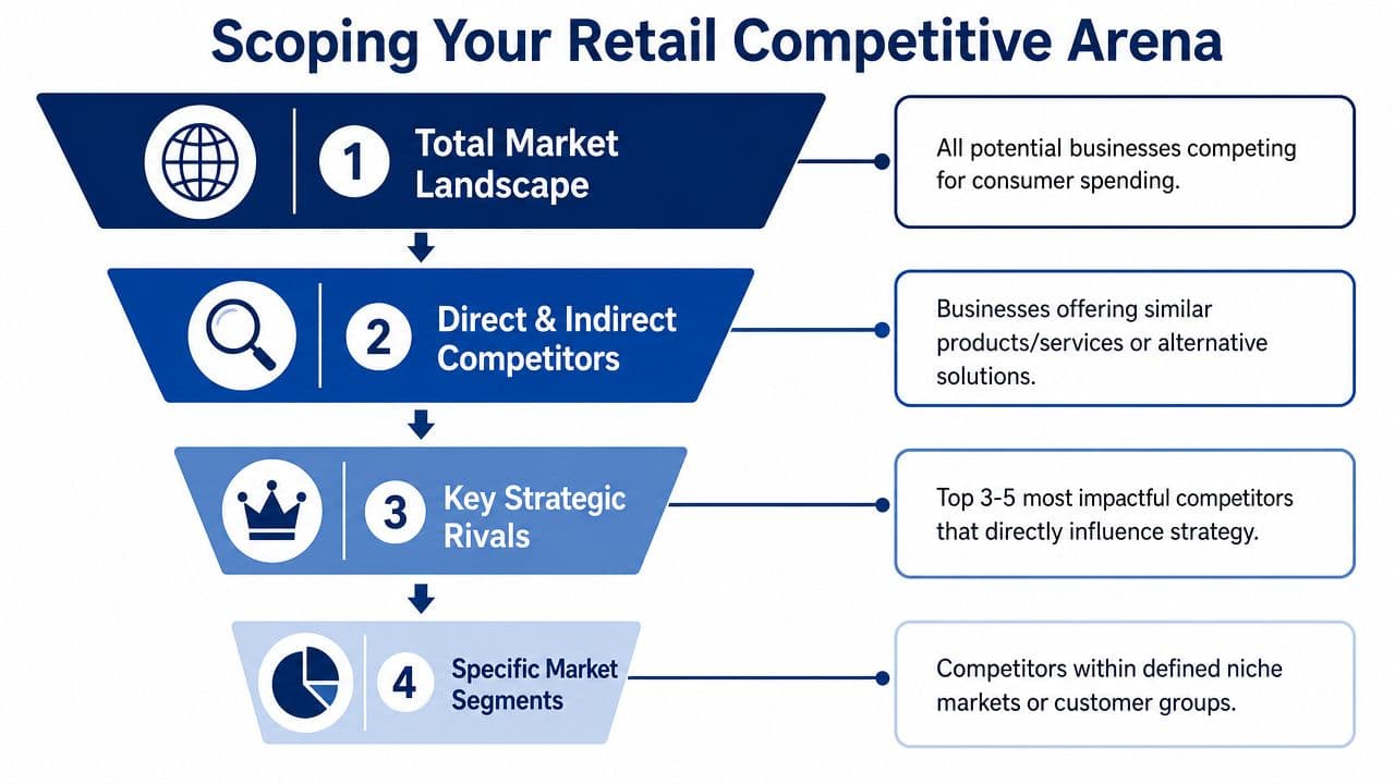 A four-step funnel diagram illustrating the levels of scoping your retail competitive arena.