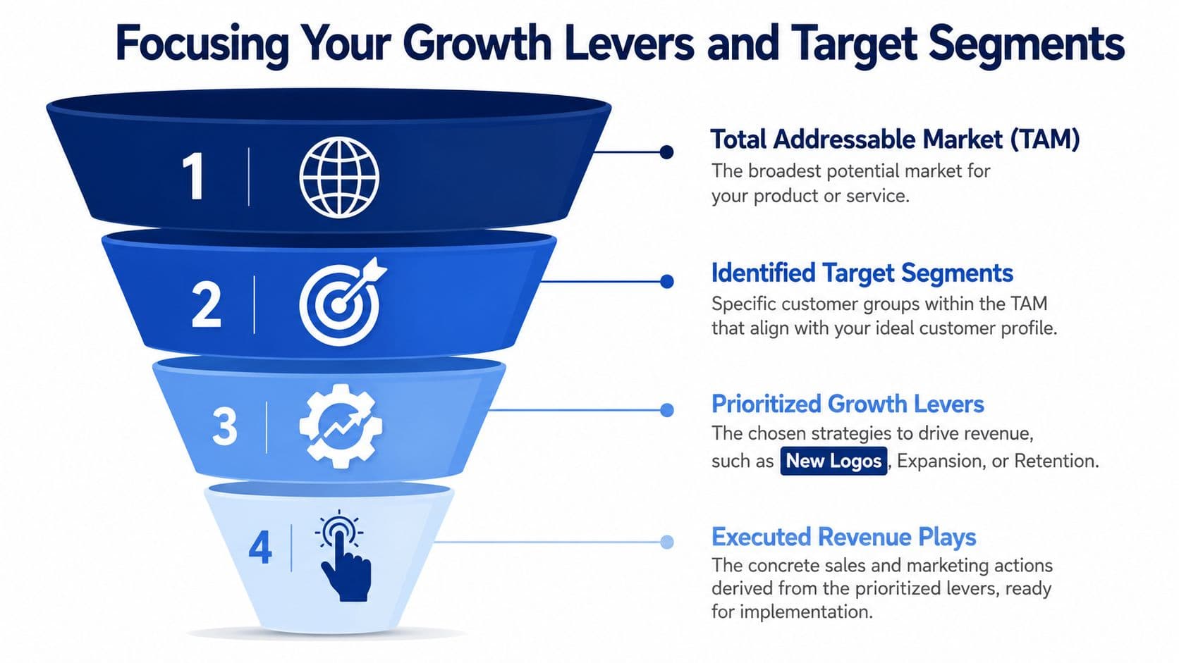 A funnel diagram illustrating the four steps from total addressable market to executed revenue growth strategies.