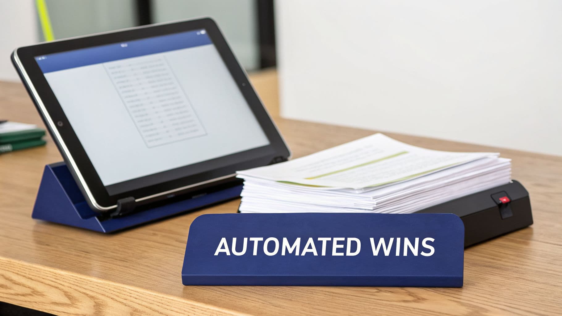 A tablet on a desk with data displayed, a stack of papers, and an 'AUTOMATED WINS' sign.