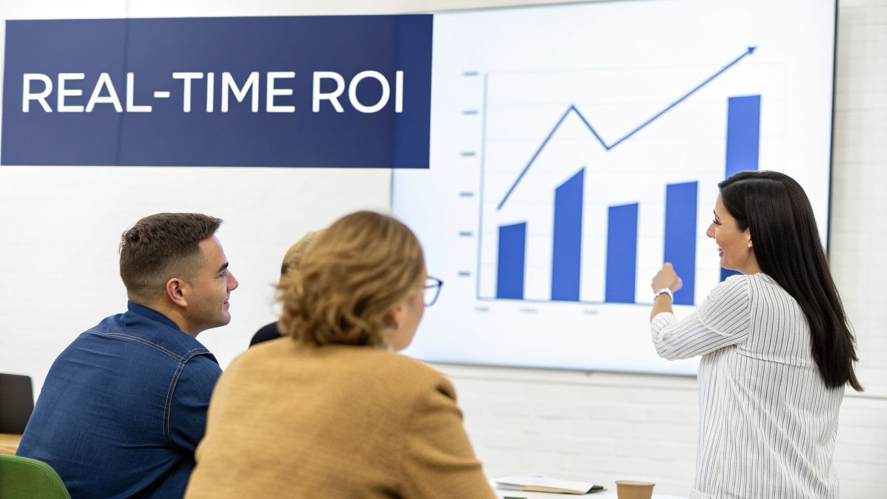 A business professional points to a screen showing a graph with increasing data and 'REAL-TIME ROI'.
