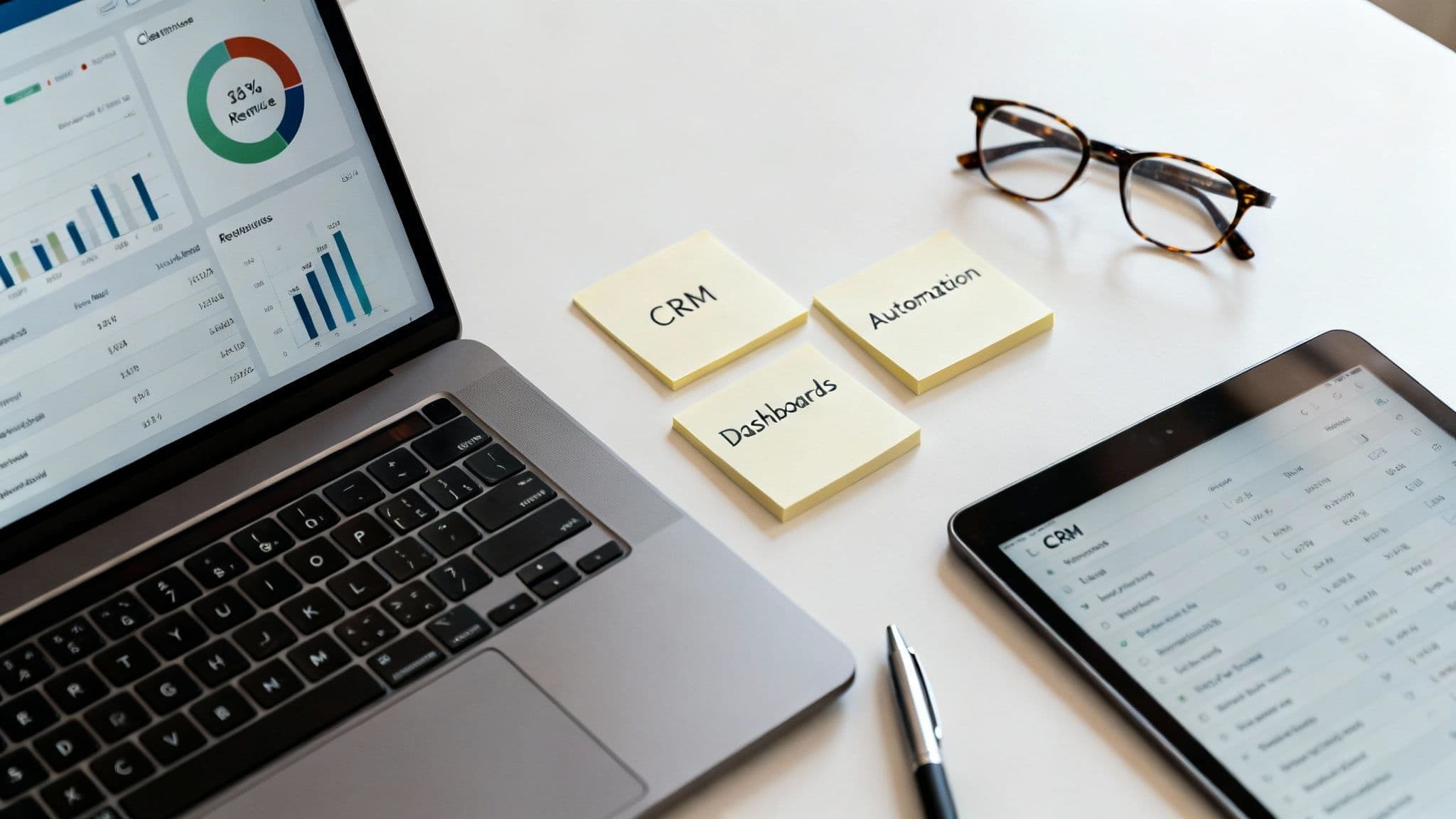 Overhead view of a business workspace with a laptop showing dashboards, CRM notes, and a tablet.