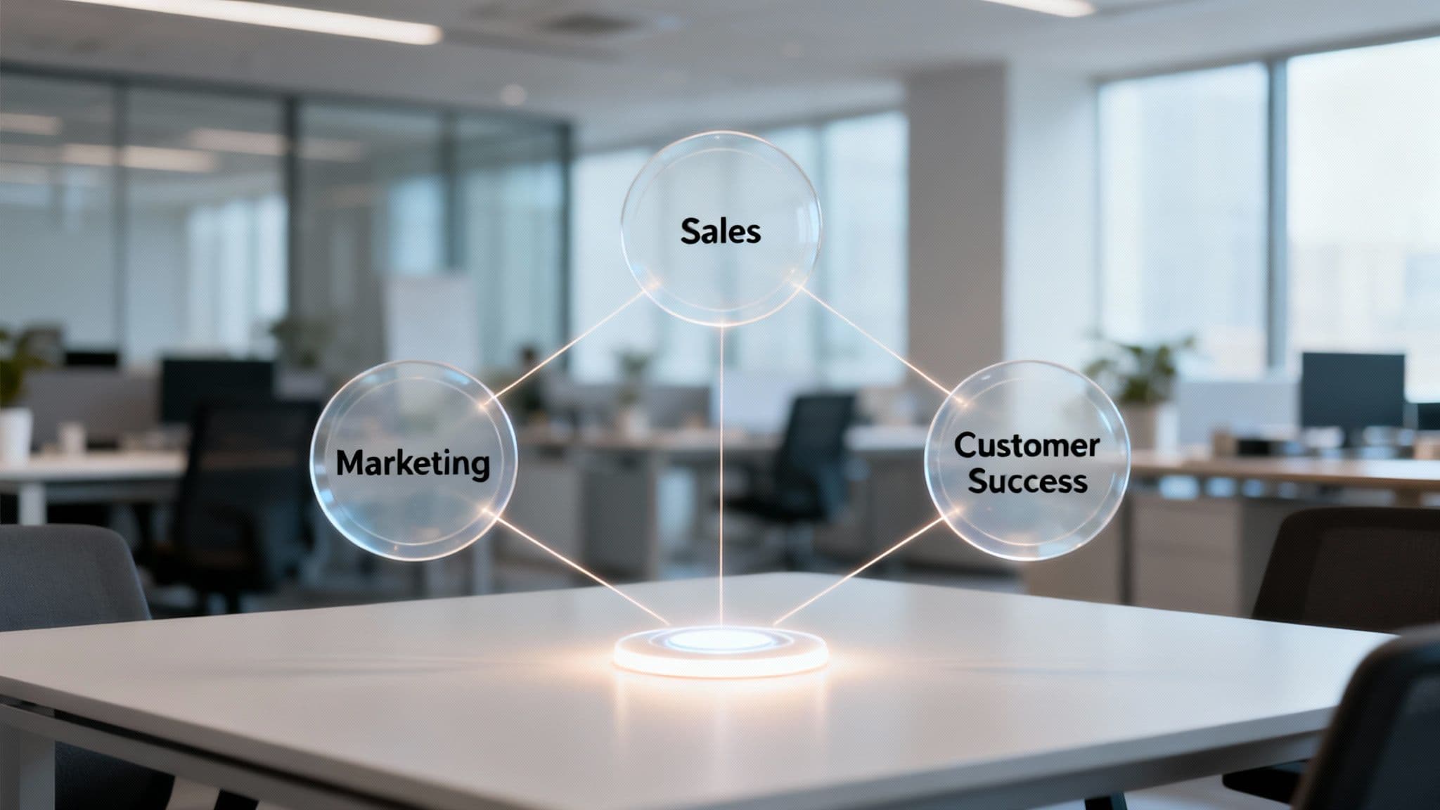 A futuristic diagram on an office table showing "Marketing", "Sales", and "Customer Success" connected, representing business synergy.