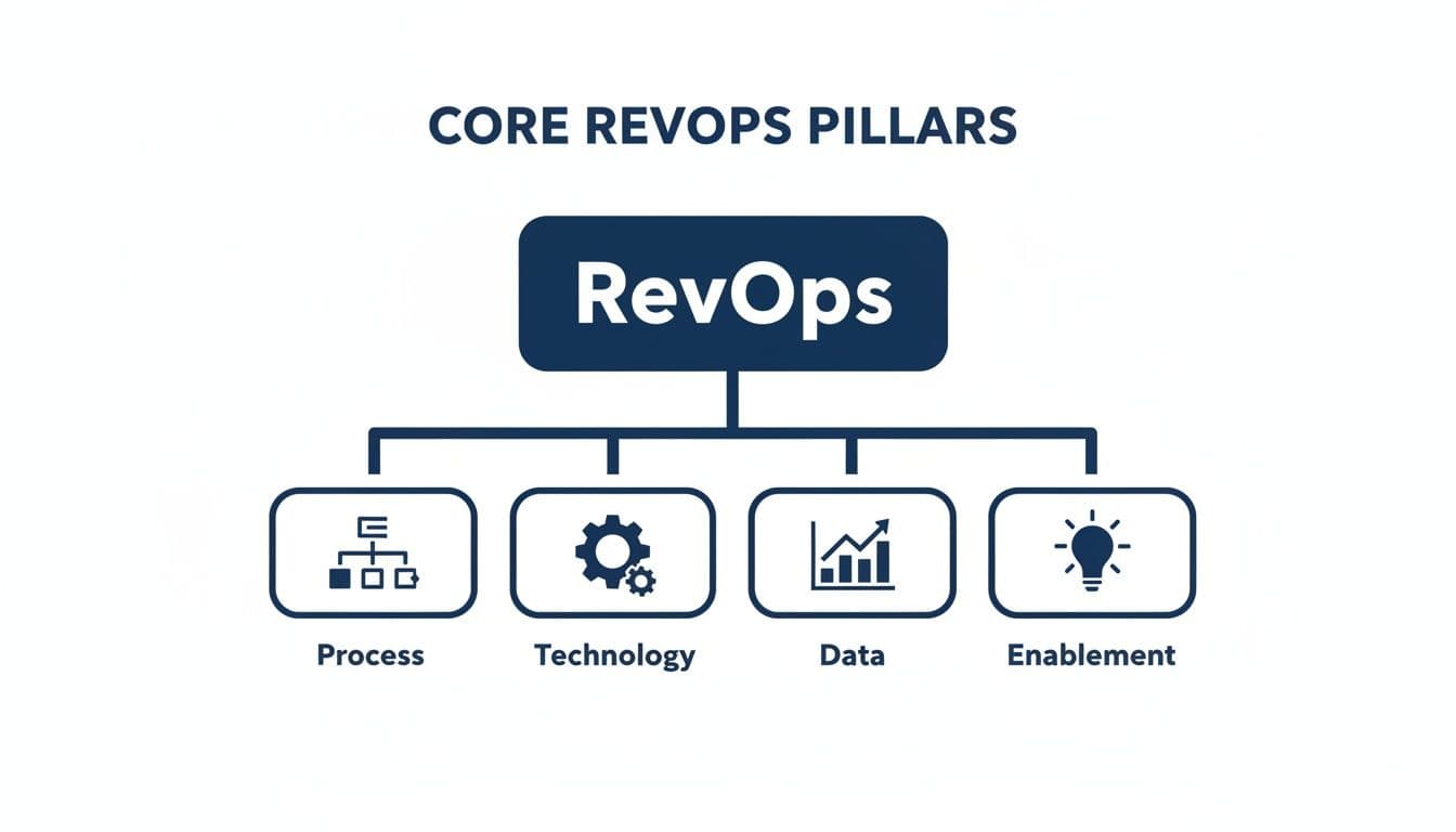 Diagram illustrating the four core RevOps pillars: Process, Technology, Data, and Enablement.