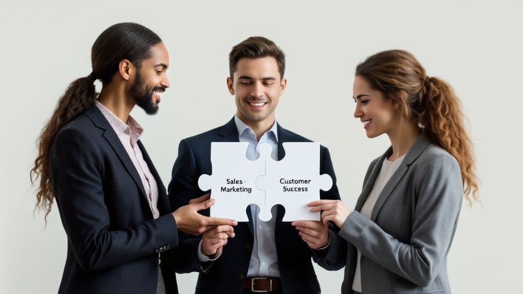 An illustration of team members from sales, marketing, and customer success collaborating with shared goals and data, symbolizing cross-functional alignment.