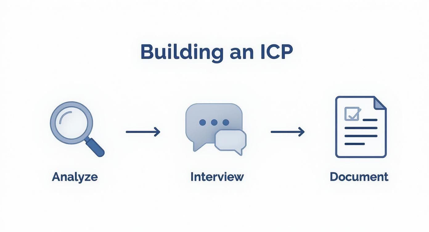 Three step process for building an ICP showing analyze, interview, and document stages with icons