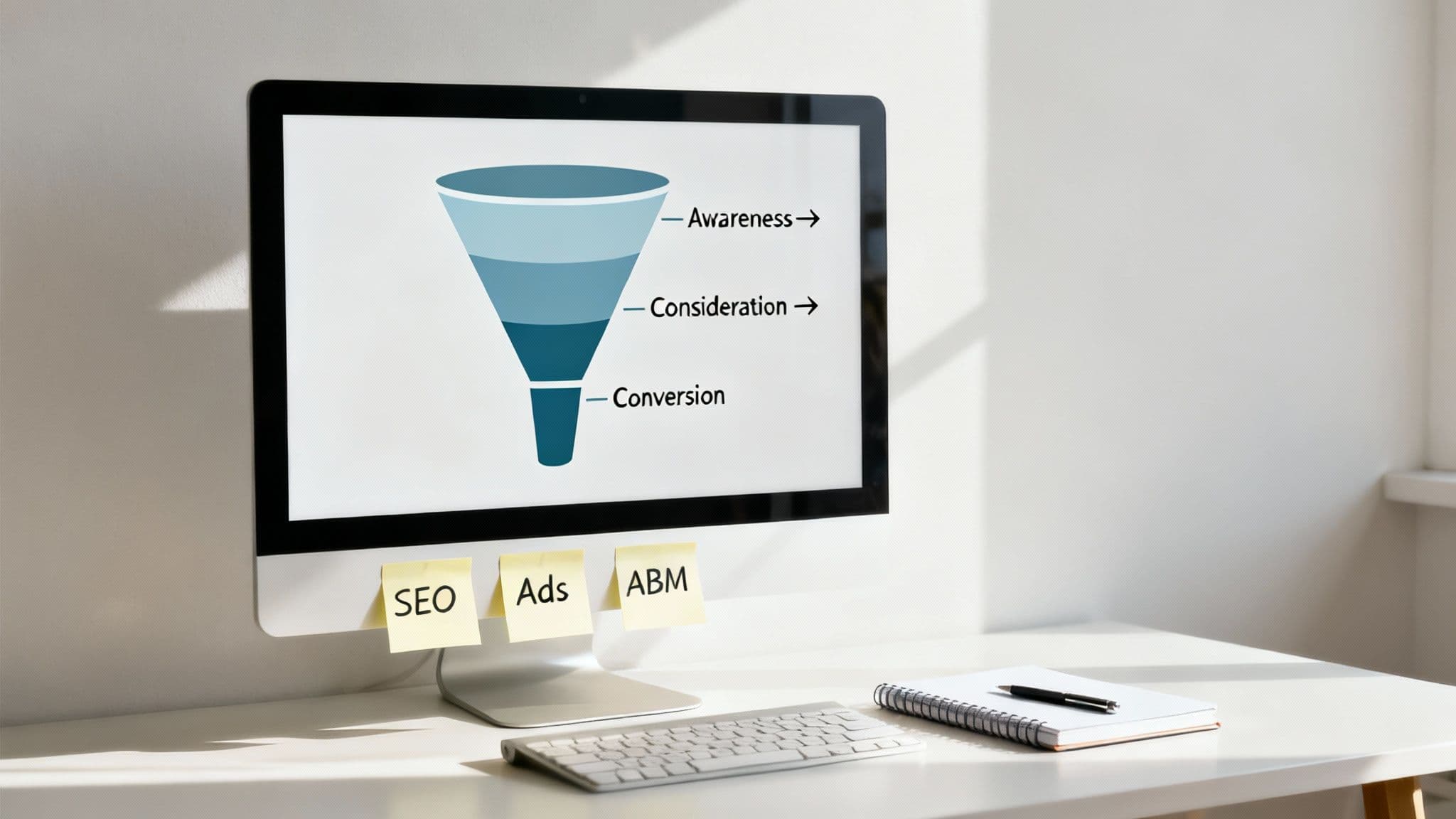 Marketing funnel diagram showing awareness consideration conversion stages with SEO ads ABM sticky notes