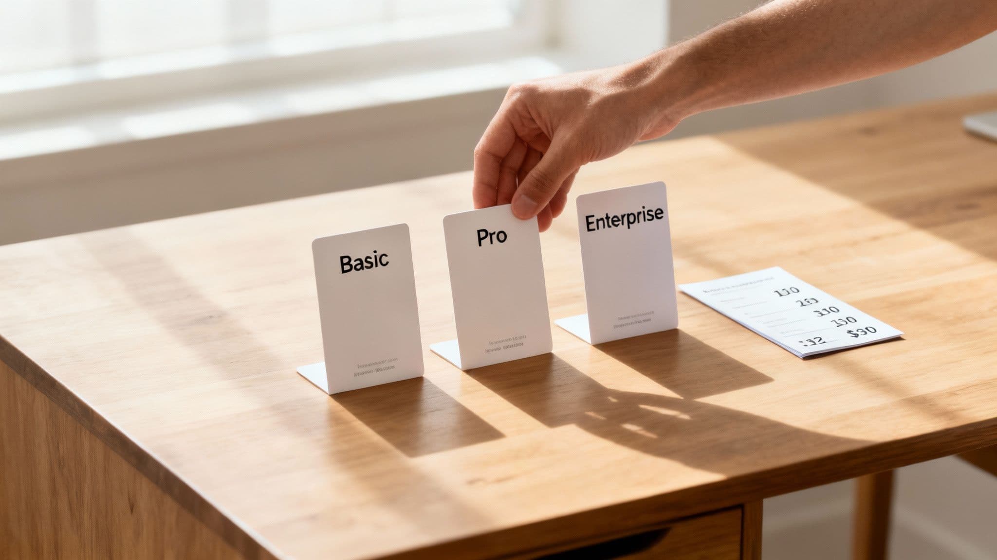 Hand selecting Pro pricing tier card between Basic and Enterprise subscription options on wooden desk